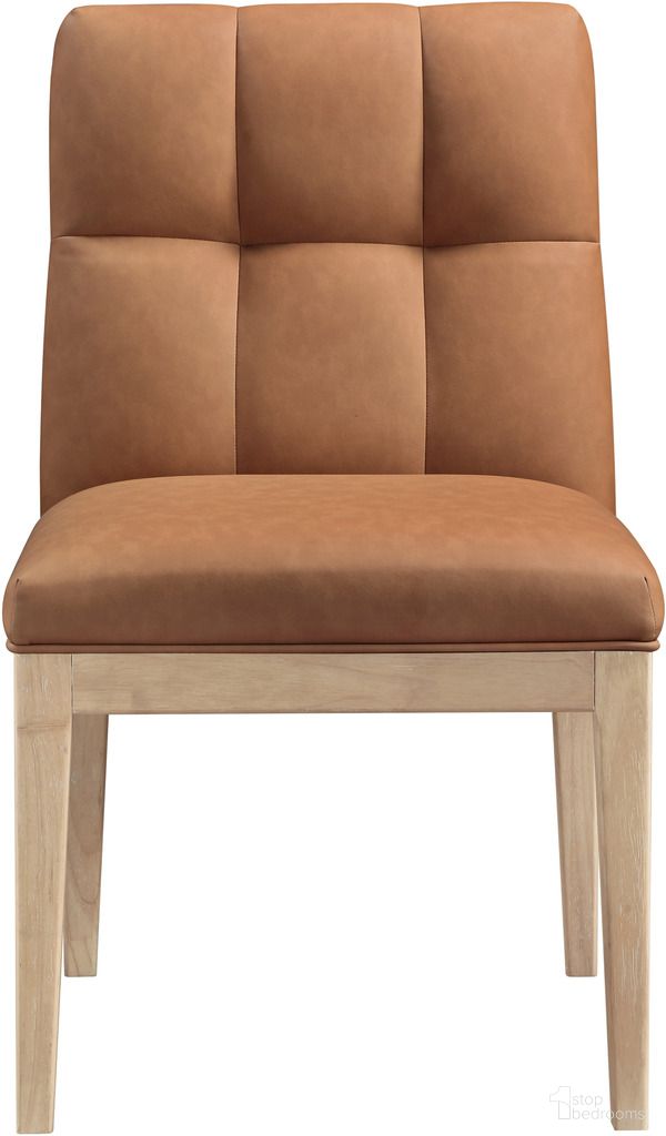 The appearance of Adrian Vegan Leather Dining Side Chair Set of 2 In Cognac and Natural designed by Meridian in the modern / contemporary interior design. This cognac and natural piece of furniture  was selected by 1StopBedrooms from Adrian Collection to add a touch of cosiness and style into your home. Sku: 971Cognac-SC. Material: Vegan Leather. Chair Type: Side Chair.
