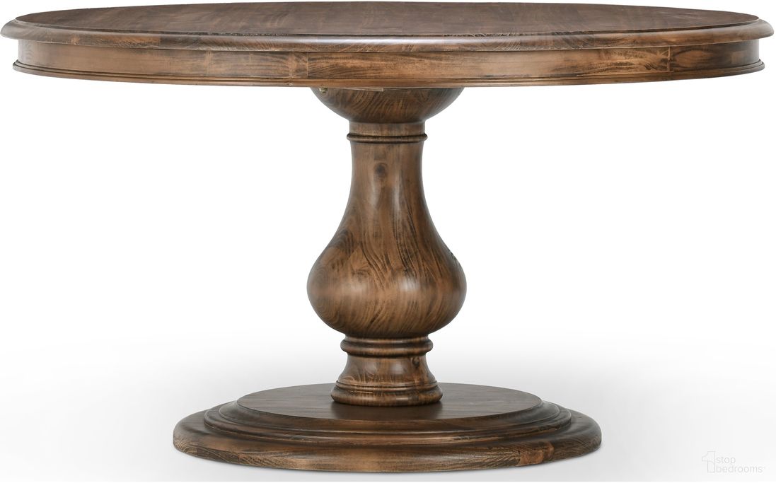 The appearance of Adrienne 54 Inch Round Dining Table In Almond designed by Classic Home in the transitional interior design. This almond piece of furniture  was selected by 1StopBedrooms from Adrienne Collection to add a touch of cosiness and style into your home. Sku: 51031095. Table Base Style: Pedestal. Table Top Shape: Round. Size: 54". Material: Pine Wood.
