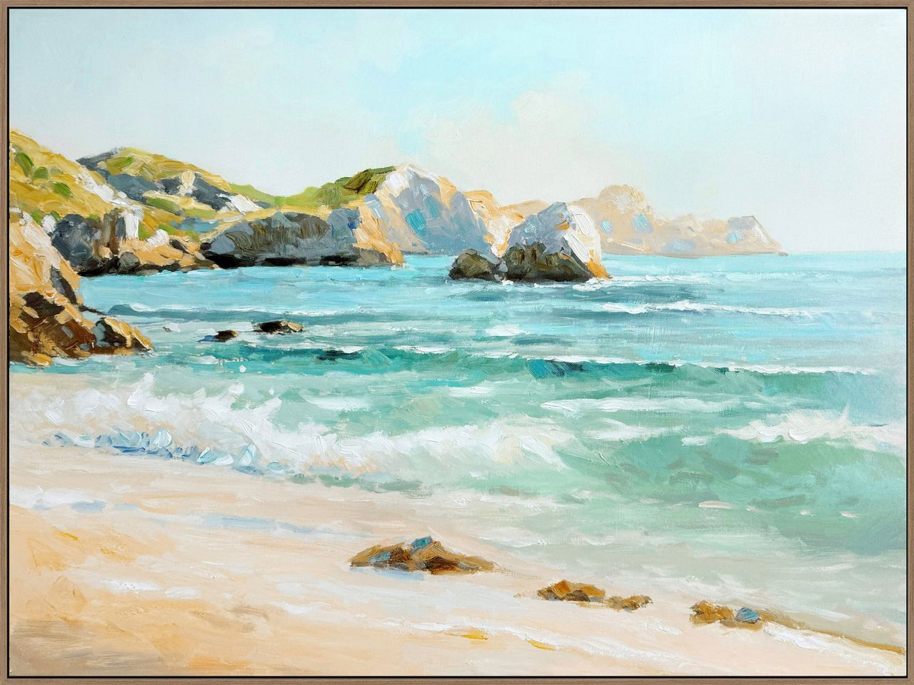 Adventurous Coastal Daybreak I - 36" x 48" - Hand-Embellished Canvas In Aqua and Beige