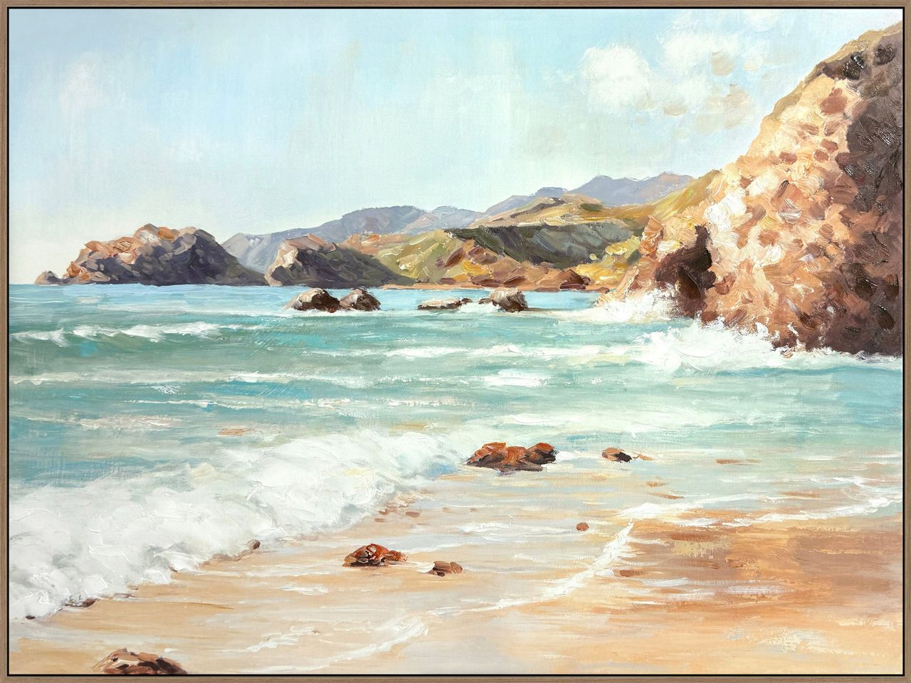 Adventurous Coastal Daybreak II - 36" x 48" - Hand-Embellished Canvas In Aqua and Beige