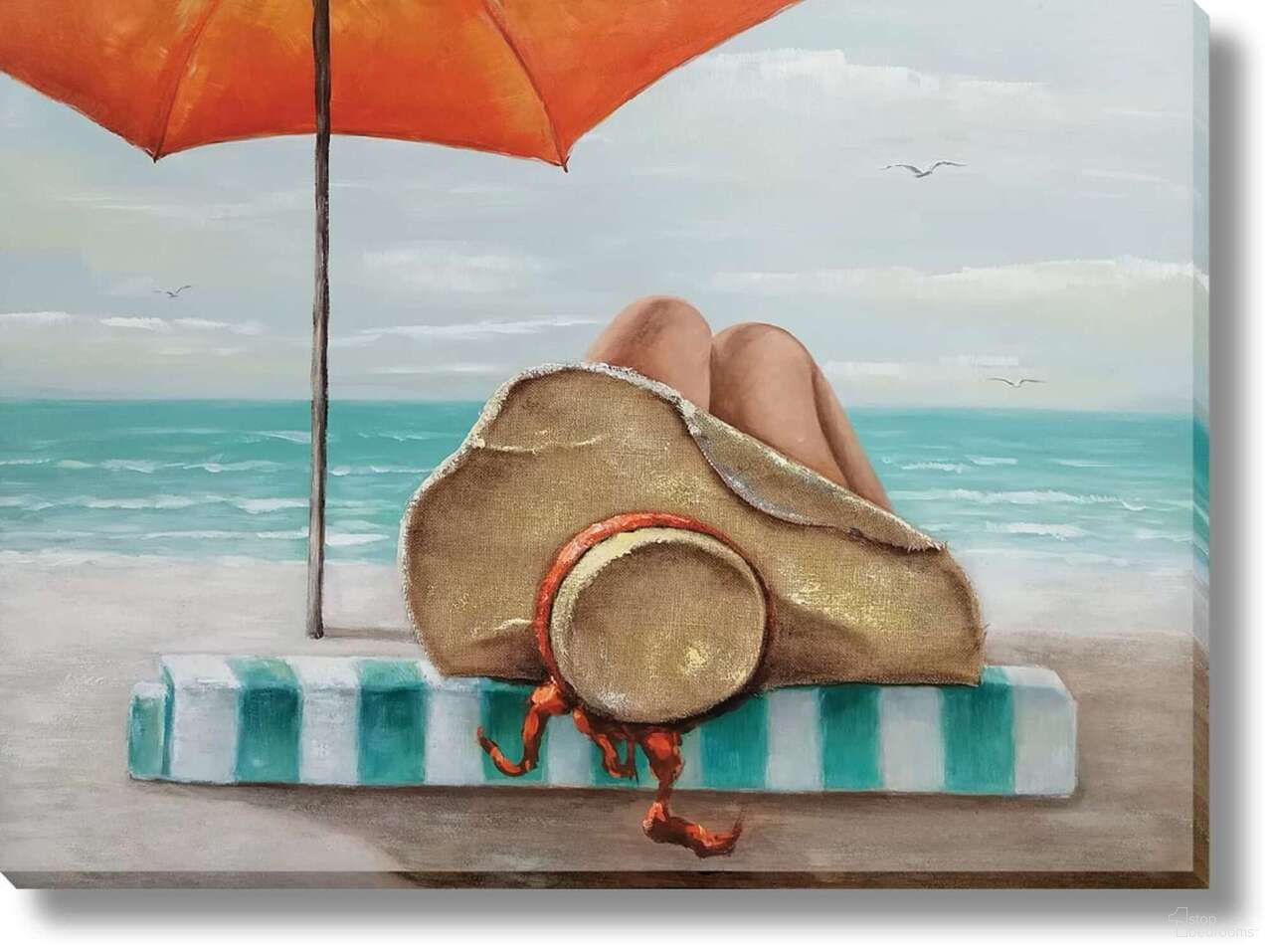 Adventurous Seaside Serenity Under Orange Umbrella Canvas Wall Art In Multi