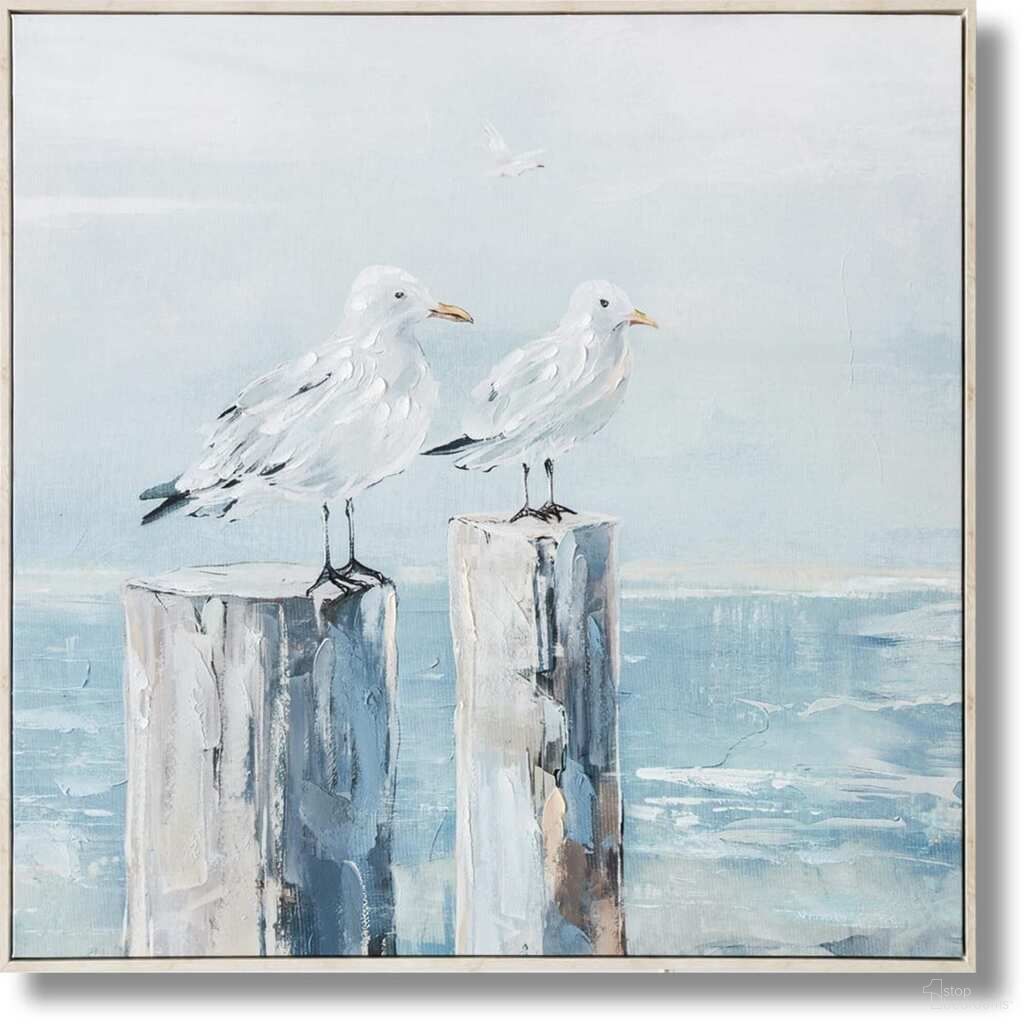 Adventurous Shoreline Serenity Seagulls on Weathered Poles Canvas Wall Art In Multi