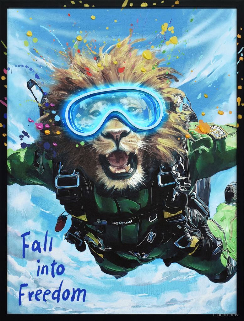 Adventurous Skybound Roar I - 33" x 25" - Hand-Embellished LED Canvas In Blue/Green/Yellow