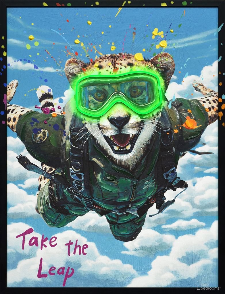 Adventurous Skybound Roar II - 33" x 25" - Hand-Embellished LED Canvas In Blue/Green/Yellow