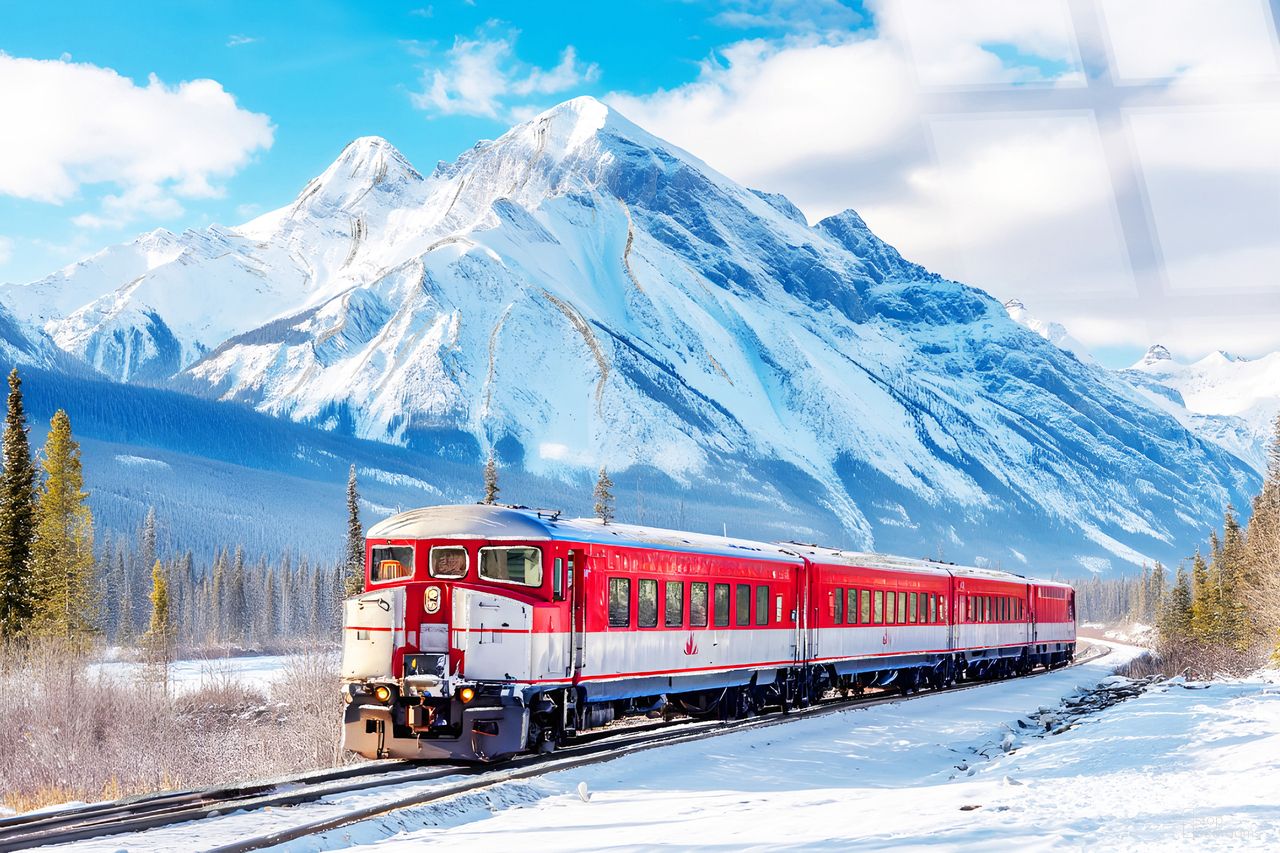 Adventurous Winter Rail Passage - 40" x 60" - Tempered Glass with Foil In Red and White
