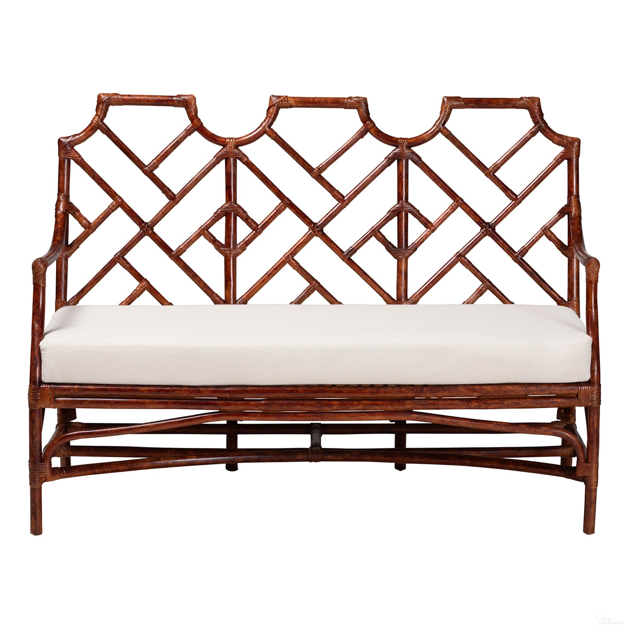 The appearance of Aella Marbled Tortoise Natural Rattan Loveseat Bench with Cushion In White and Tortoise Brown designed by Baxton Studio in the bohemian interior design. This white/tortoise brown piece of furniture  was selected by 1StopBedrooms from Aella Collection to add a touch of cosiness and style into your home. Sku: Amadea-Tortoise/Rattan-Cushion-Sofa. Material: Natural Rattan.