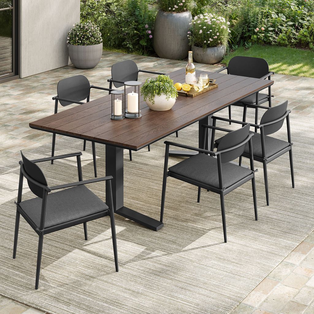 The appearance of Aeris 7-Piece Outdoor Patio Aluminum Dining Set In Charcoal designed by Modway in the modern / contemporary interior design. This charcoal piece of furniture  was selected by 1StopBedrooms from Aeris Collection to add a touch of cosiness and style into your home. Sku: EEI-6948-GWA-GRY;EEI-7148-CHA-CHA;EEI-7148-CHA-CHA;EEI-7148-CHA-CHA. Table Base Style: Double Pedestal. Material: Aluminum. Table Top Shape: Rectangular.