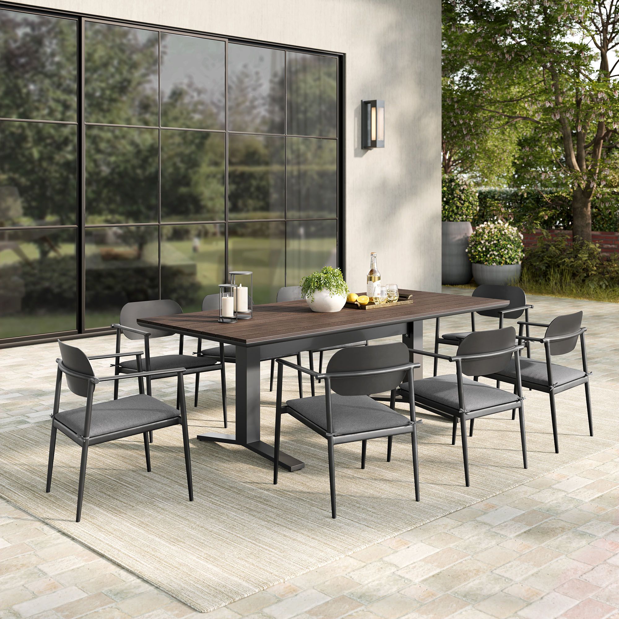The appearance of Aeris 9-Piece Outdoor Patio Aluminum Dining Set In Charcoal designed by Modway in the modern / contemporary interior design. This charcoal piece of furniture was selected by 1StopBedrooms from Aeris Collection to add a touch of cosiness and style into your home. Sku: EEI-6948-GWA-GRY;EEI-7148-CHA-CHA;EEI-7148-CHA-CHA;EEI-7148-CHA-CHA;EEI-7148-CHA-CHA. Material: Aluminum.