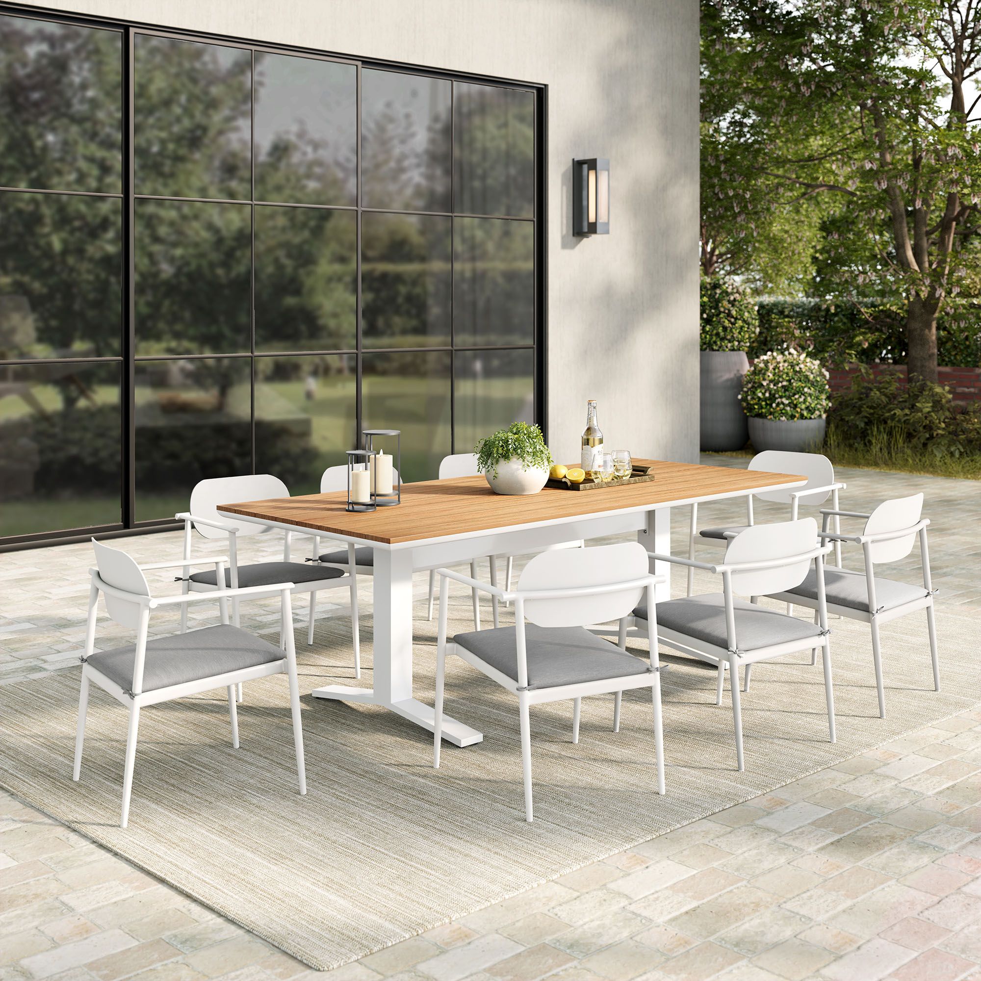 The appearance of Aeris 9-Piece Outdoor Patio Aluminum Dining Set In White designed by Modway in the modern / contemporary interior design. This white piece of furniture  was selected by 1StopBedrooms from Aeris Collection to add a touch of cosiness and style into your home. Sku: EEI-6948-NAT-WHI;EEI-7148-WHI-LGR;EEI-7148-WHI-LGR;EEI-7148-WHI-LGR;EEI-7148-WHI-LGR. Material: Aluminum.