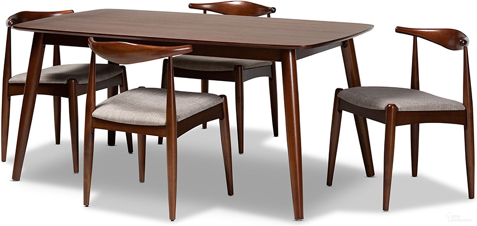 The appearance of Aeron Mid-Century Modern Light Gray Fabric Upholstered Walnut Finished Wood 5-Piece Dining Set designed by Baxton Studio in the modern / contemporary interior design. This light gray piece of furniture was selected by 1StopBedrooms from Aeron Collection to add a touch of cosiness and style into your home. Sku: Aeron-Light Grey/Walnut-5PC Dining Set. Material: Rubberwood.