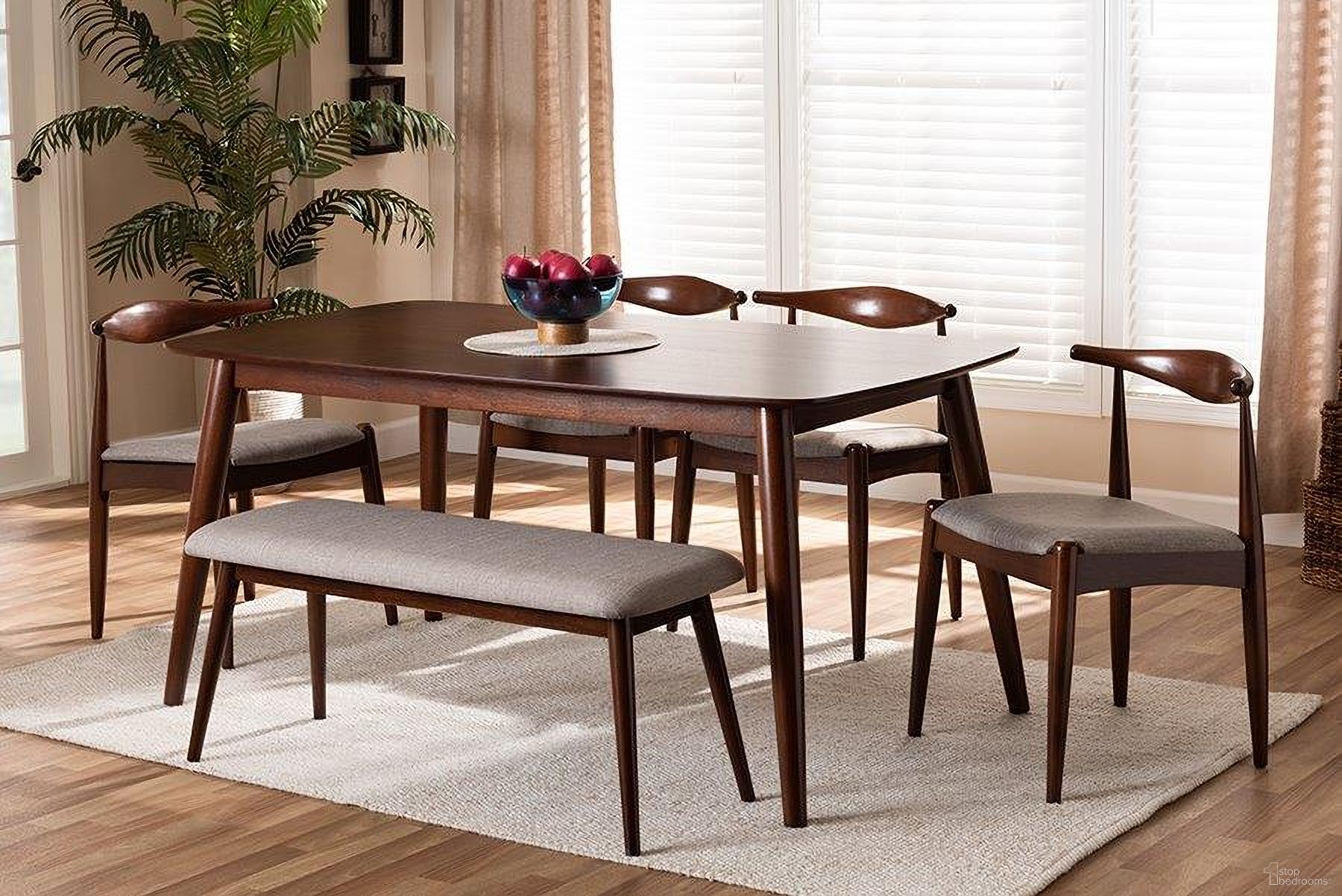 The appearance of Aeron Mid-Century Modern Light Gray Fabric Upholstered Walnut Finished Wood 6-Piece Dining Set designed by Baxton Studio in the modern / contemporary interior design. This light gray piece of furniture was selected by 1StopBedrooms from Aeron Collection to add a touch of cosiness and style into your home. Sku: Aeron-Light Grey/Walnut-6PC Dining Set. Material: Rubberwood.
