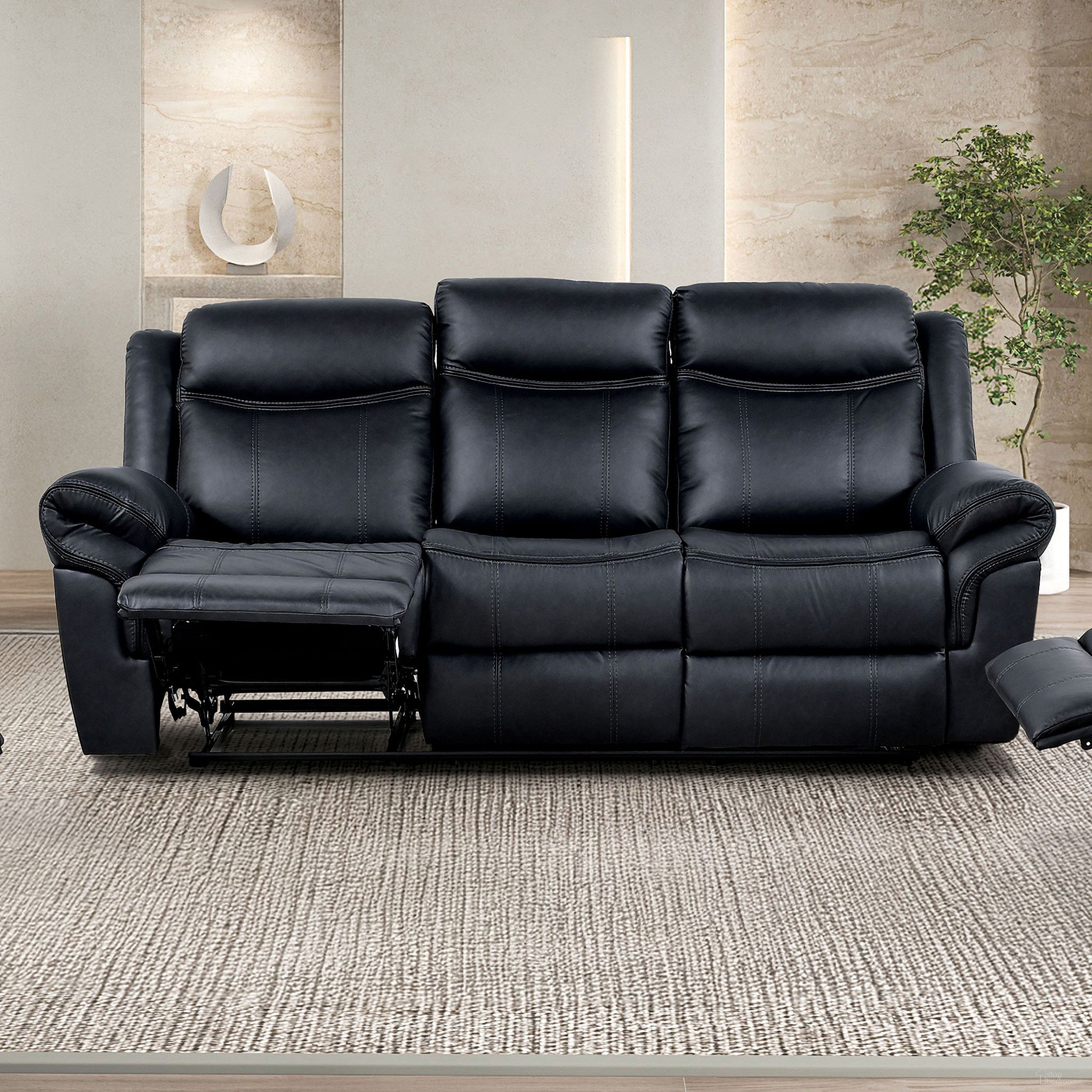 The appearance of Agata Sofa In Black designed by Furniture of America in the transitional interior design. This black piece of furniture  was selected by 1StopBedrooms from Agata Collection to add a touch of cosiness and style into your home. Sku: NX6001BK-SF. Material: Leather.