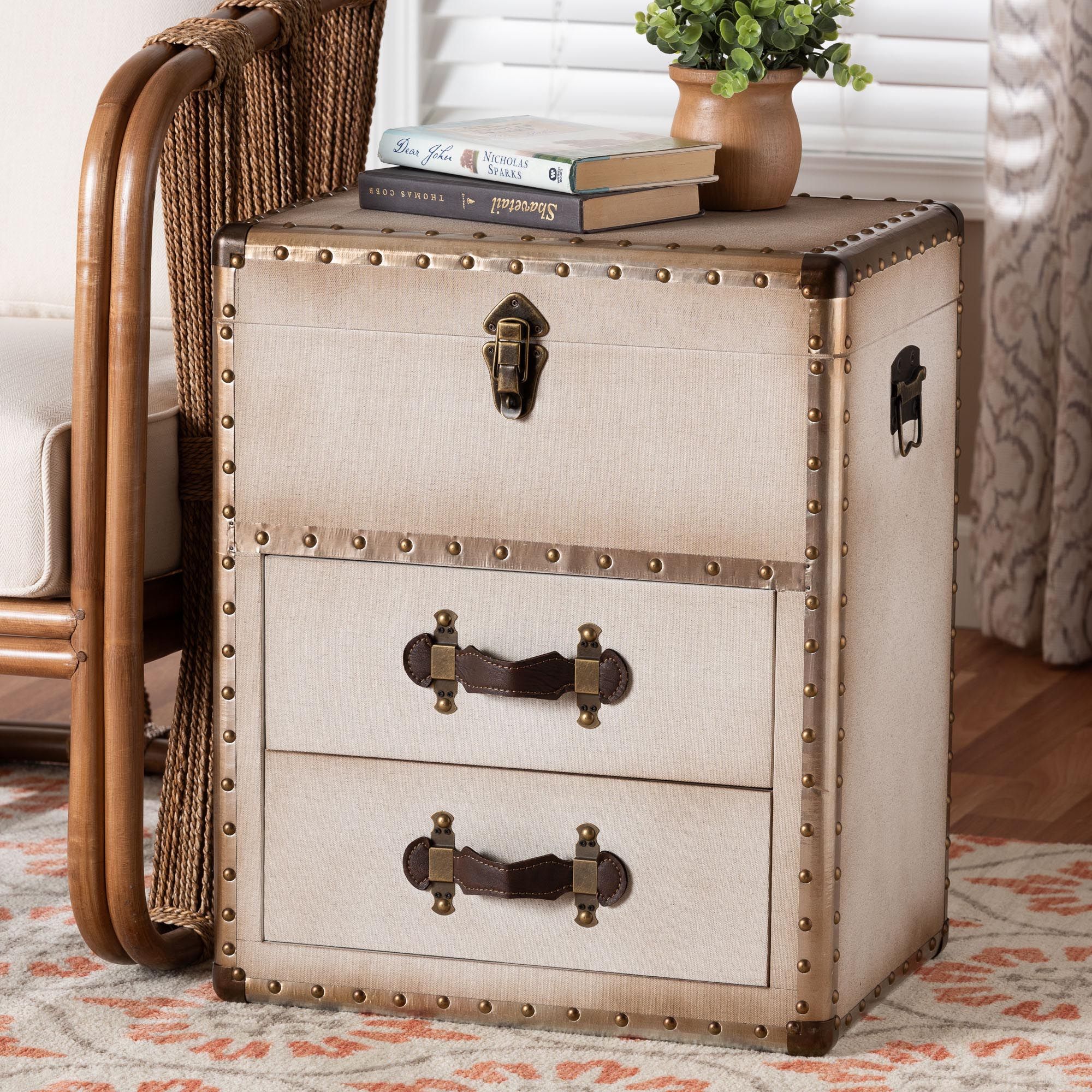 Agatha Canvas 2-Drawer Storage Trunk In Coffee and Beige