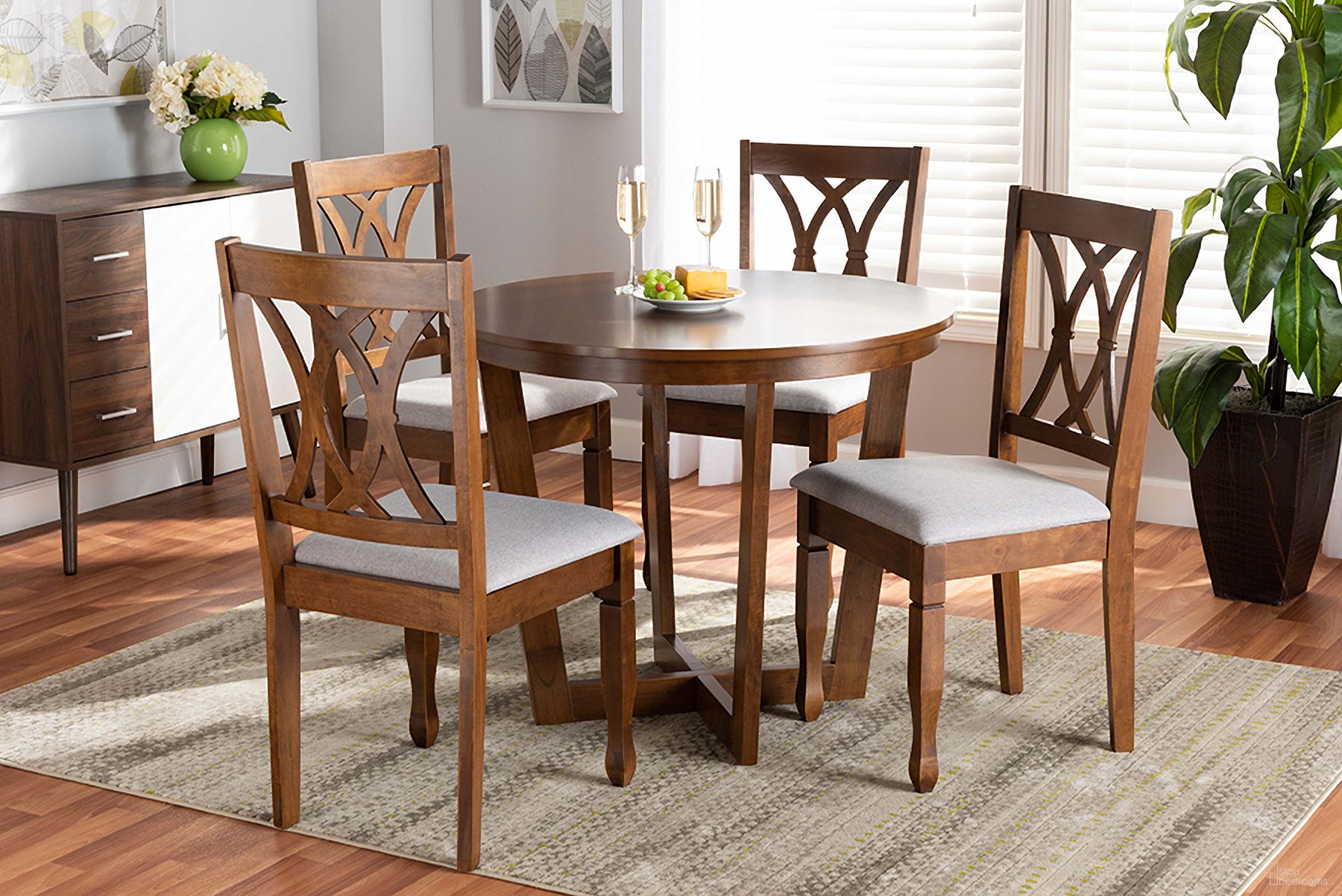 Aggie Modern and Contemporary Grey Fabric Upholstered and Walnut Brown Finished Wood 5-Piece Dining Set