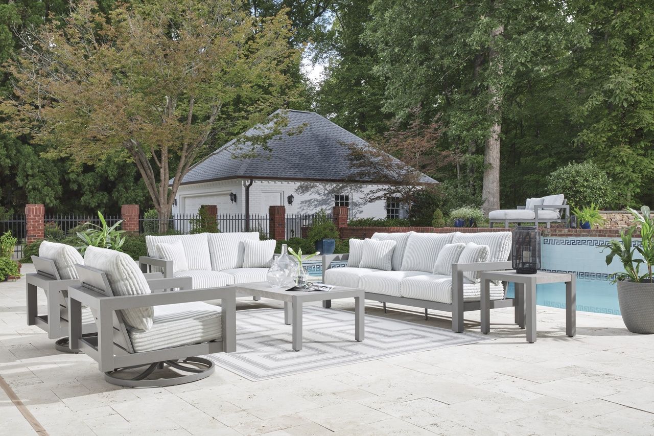 The appearance of Agoda Pearl Outdoor Living Room Set With Cushion In Gray designed by Signature Design by Ashley in the modern / contemporary interior design. This gray piece of furniture was selected by 1StopBedrooms from Agoda Pearl Collection to add a touch of cosiness and style into your home. Sku: NCP695-838;NCP695-835. Material: Fabric.