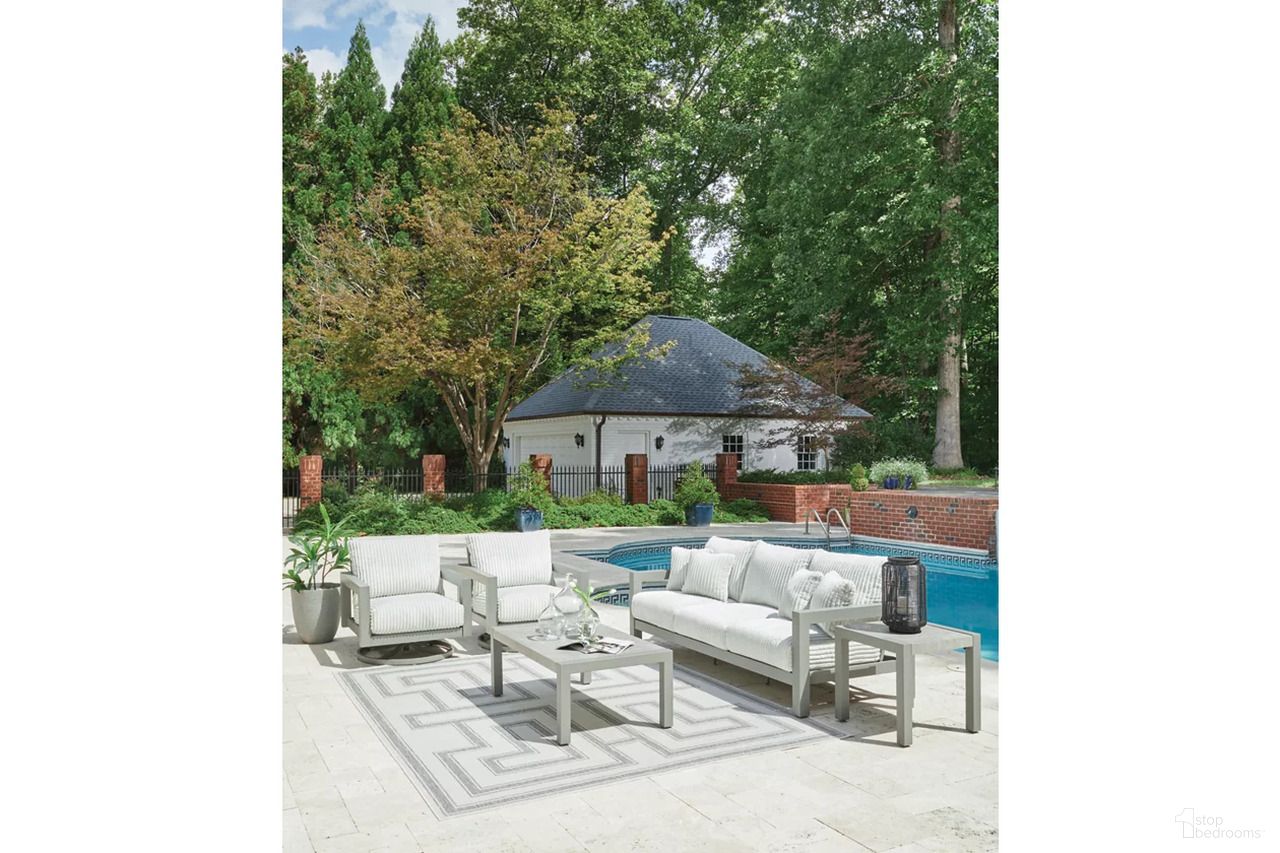 The appearance of Agoda Pearl Outdoor Sofa with 2 Lounge Chairs and Coffee Table In Gray designed by Signature Design by Ashley in the modern / contemporary interior design. This gray piece of furniture was selected by 1StopBedrooms from Agoda Pearl Collection to add a touch of cosiness and style into your home. Sku: NCP695-701;NCP695-821;NCP695-821;NCP695-838. Material: Fabric.