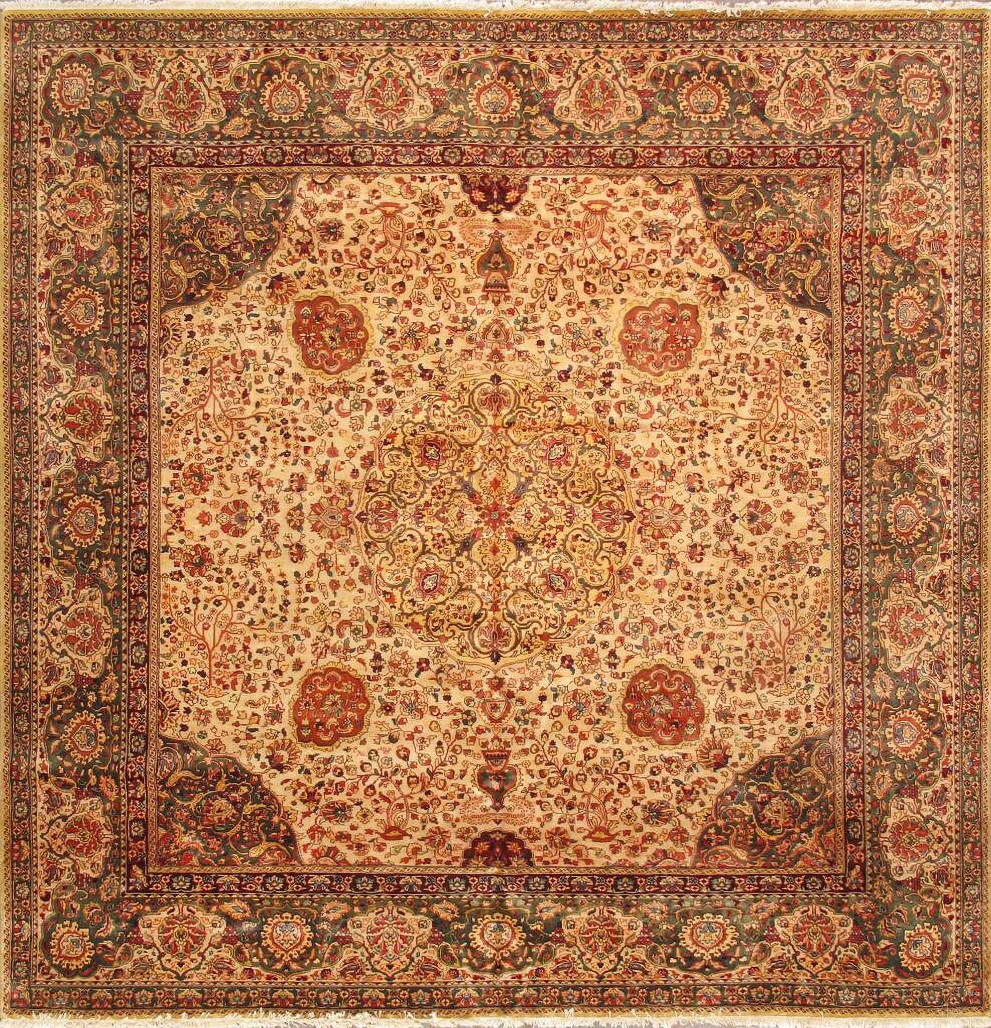 Agra Collection Hand-Knotted Lamb's Wool Area Rug-10' x 10' 4" In Beige and Multi