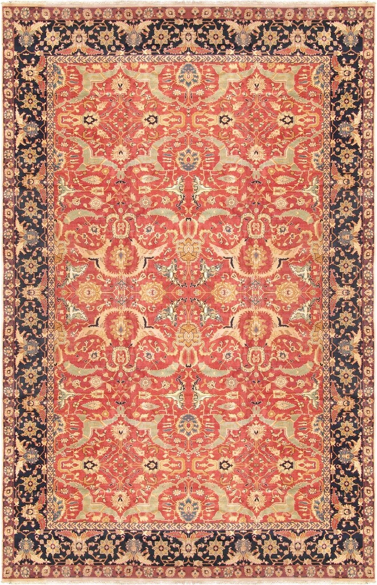 Agra Collection Hand-Knotted Lamb's Wool Area Rug- 16' x 24' 10" In Rust and Navy