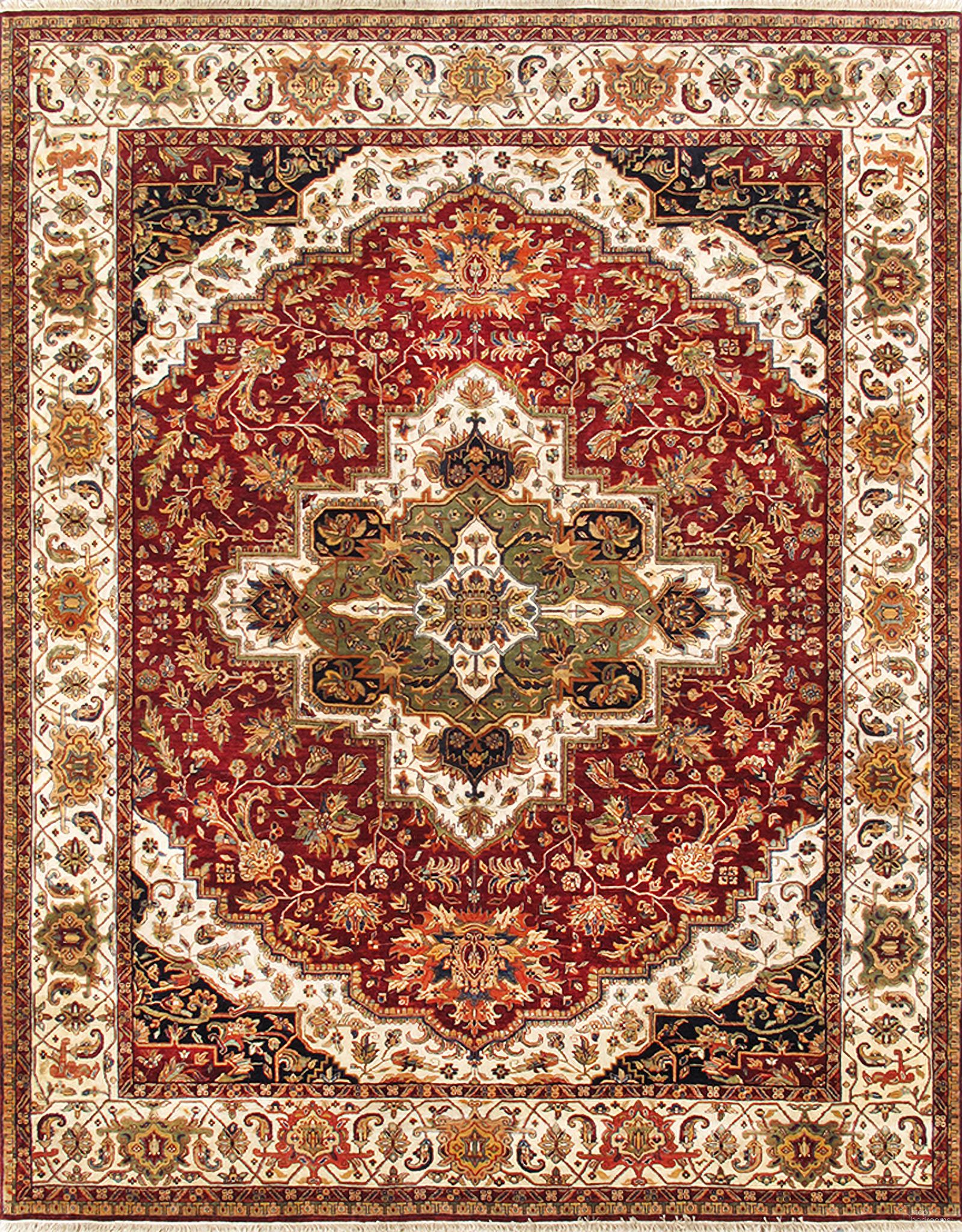 Agra Collection Hand-Knotted Lamb's Wool Area Rug- 8' x 10' In Burgundy and Beige