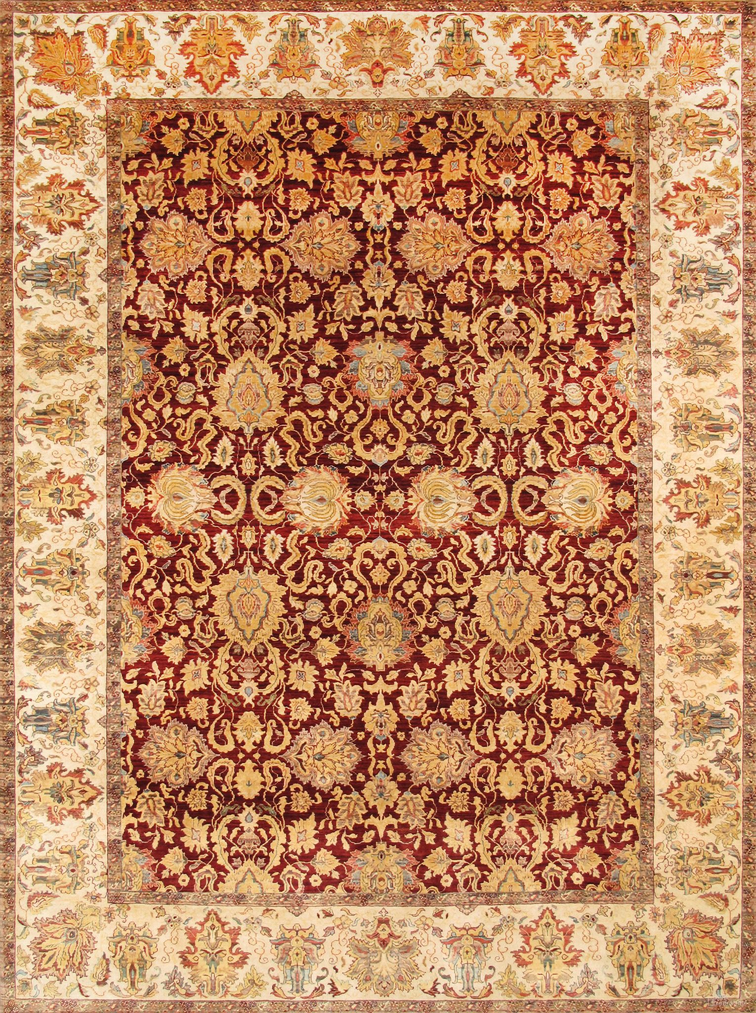 Agra Collection Hand-Knotted Lamb's Wool Area Rug- 9' 1" x 12' 2" In Ivory and Red