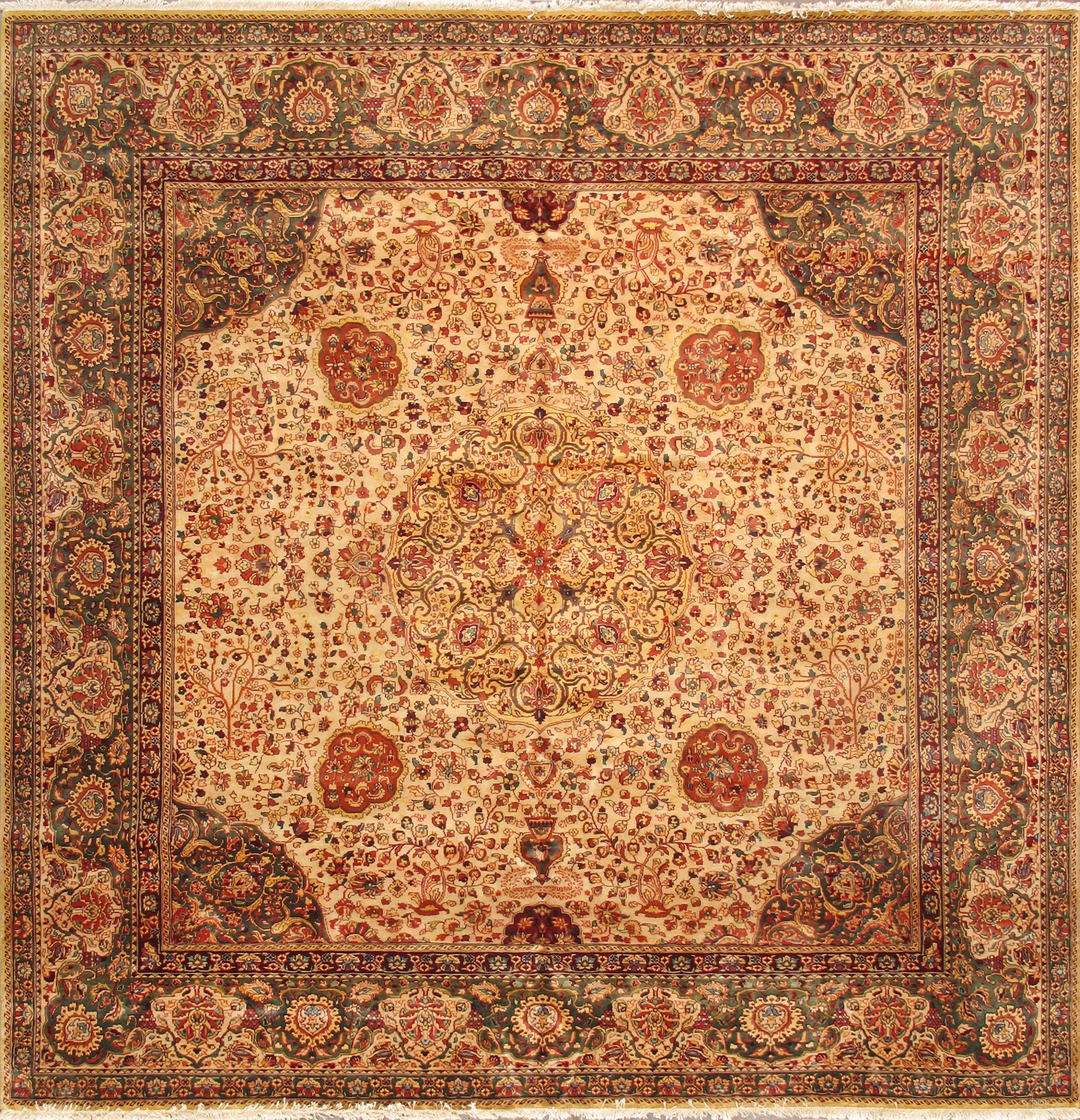 Agra Collection Hand-Knotted Lamb's Wool Area Rug- 9' 1" x 12' 7" In Green and Beige