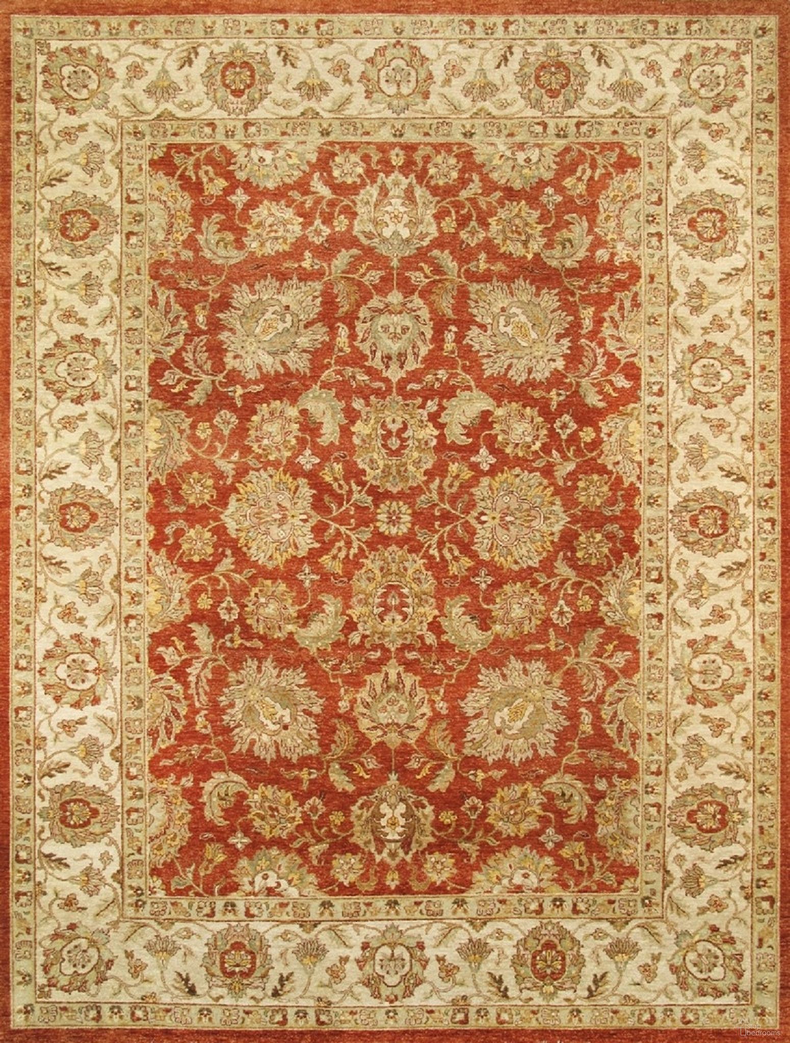 Agra Collection Hand-Knotted Lamb's Wool Area Rug- 9' 11" x 14' 3" In Ivory and Coral