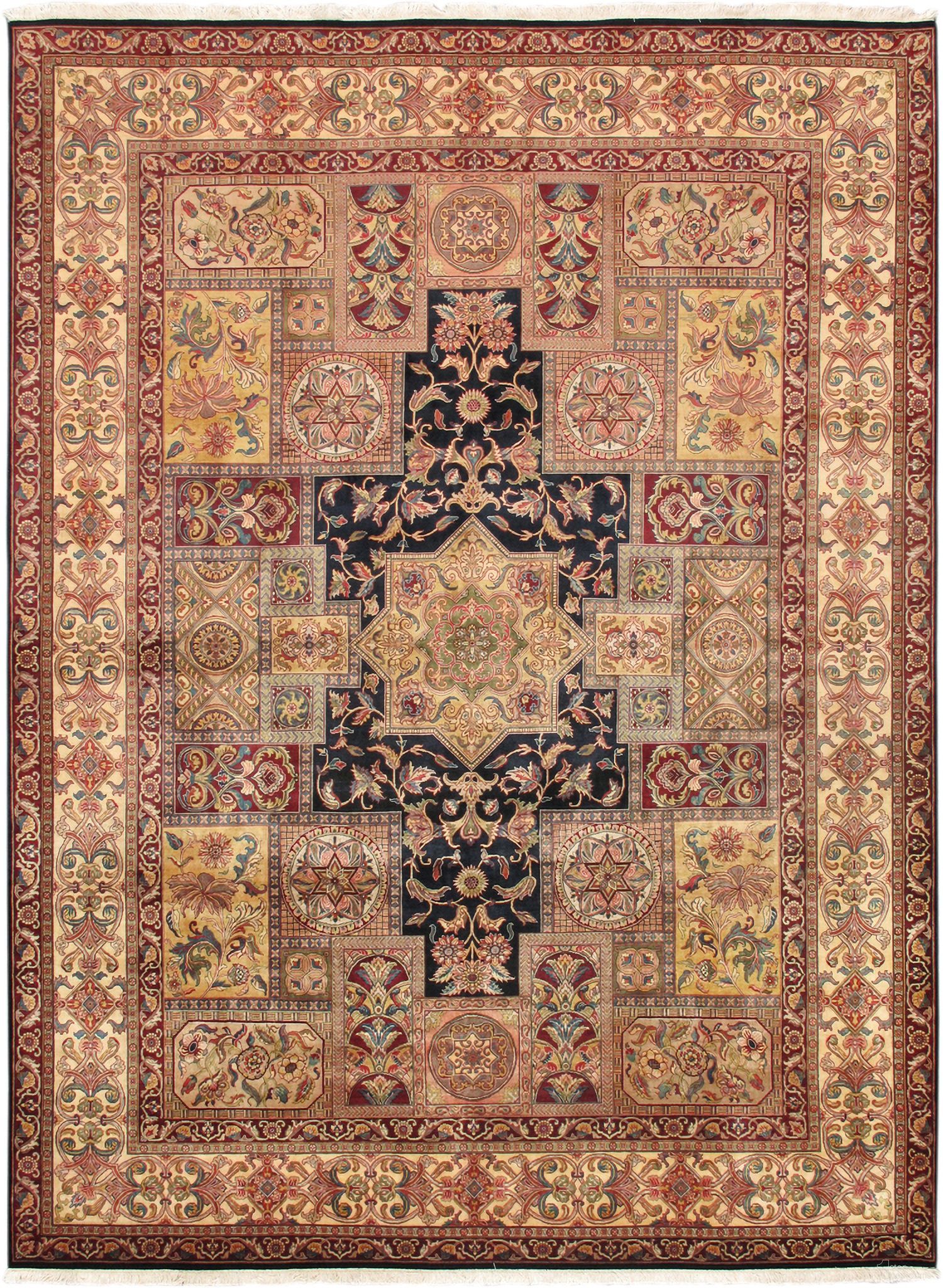 Agra Collection Hand-Knotted Lamb's Wool Area Rug- 9' 2" x 12' 2" In Navy and Gold