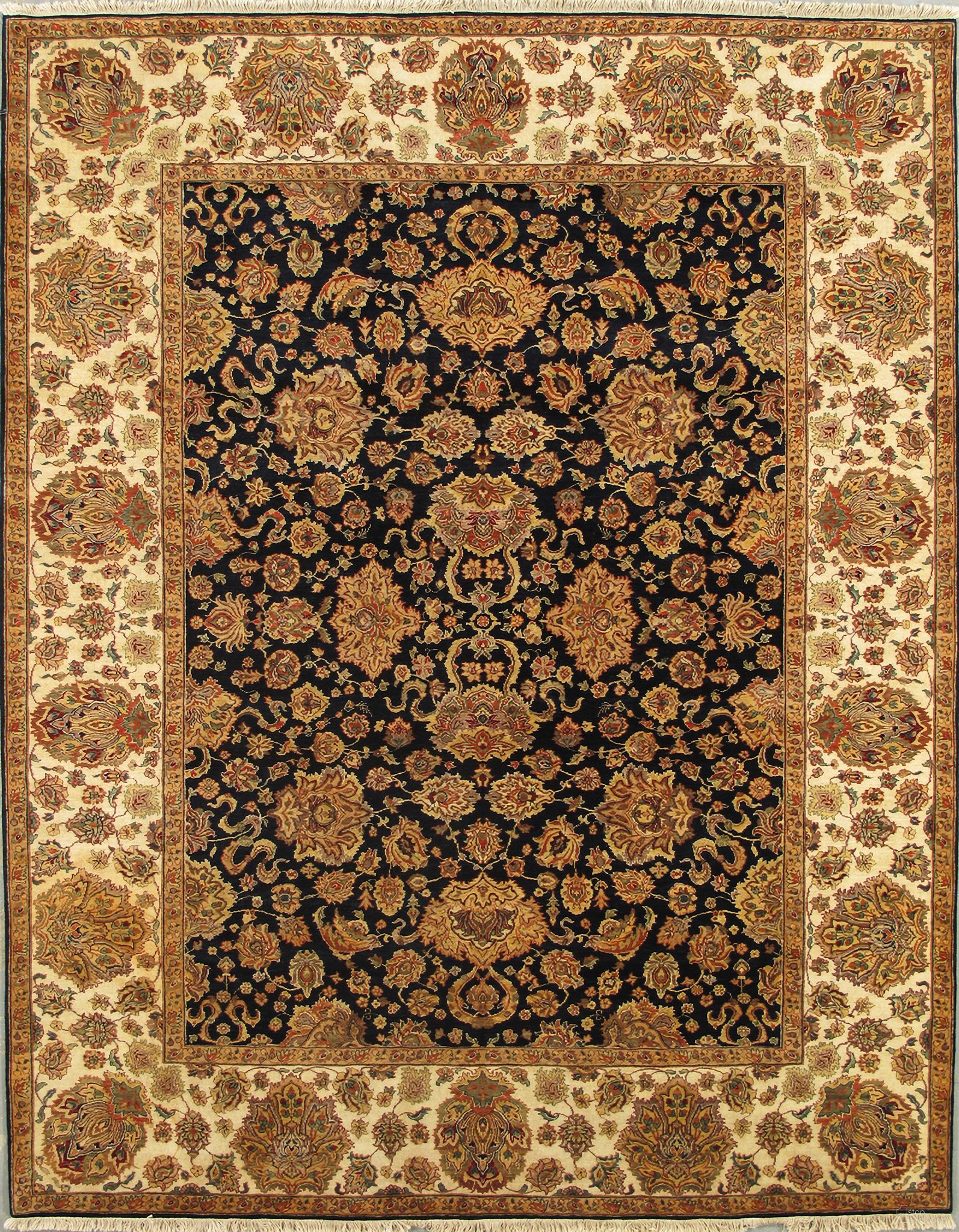 Agra Collection Hand-Knotted Lamb's Wool Area Rug- 9' x 12' 2" In Navy and Ivory