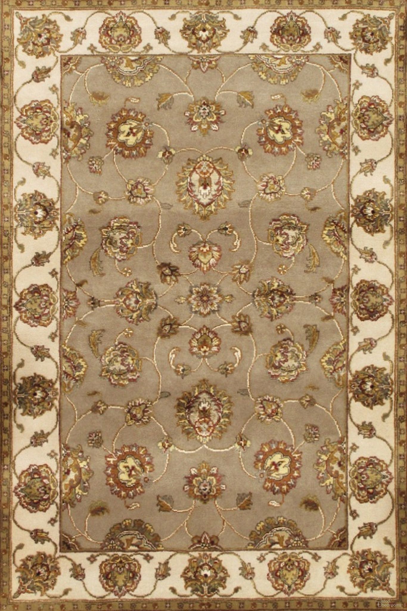 Agra Collection Hand-Knotted Silk and Wool Area Rug- 4' 1" x 6' 2" In Ivory and Camel