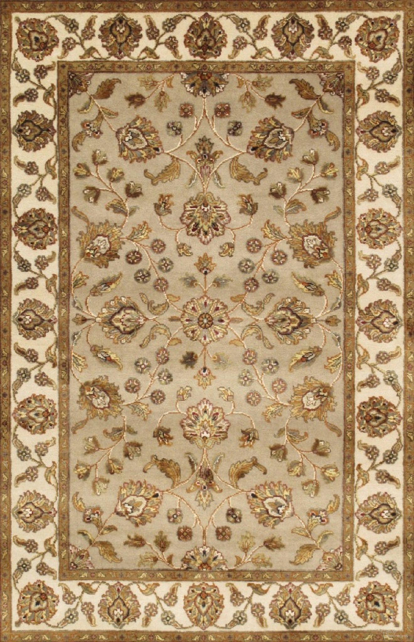 Agra Collection Hand-Knotted Silk and Wool Area Rug- 4' 1" x 6' In Ivory and Camel