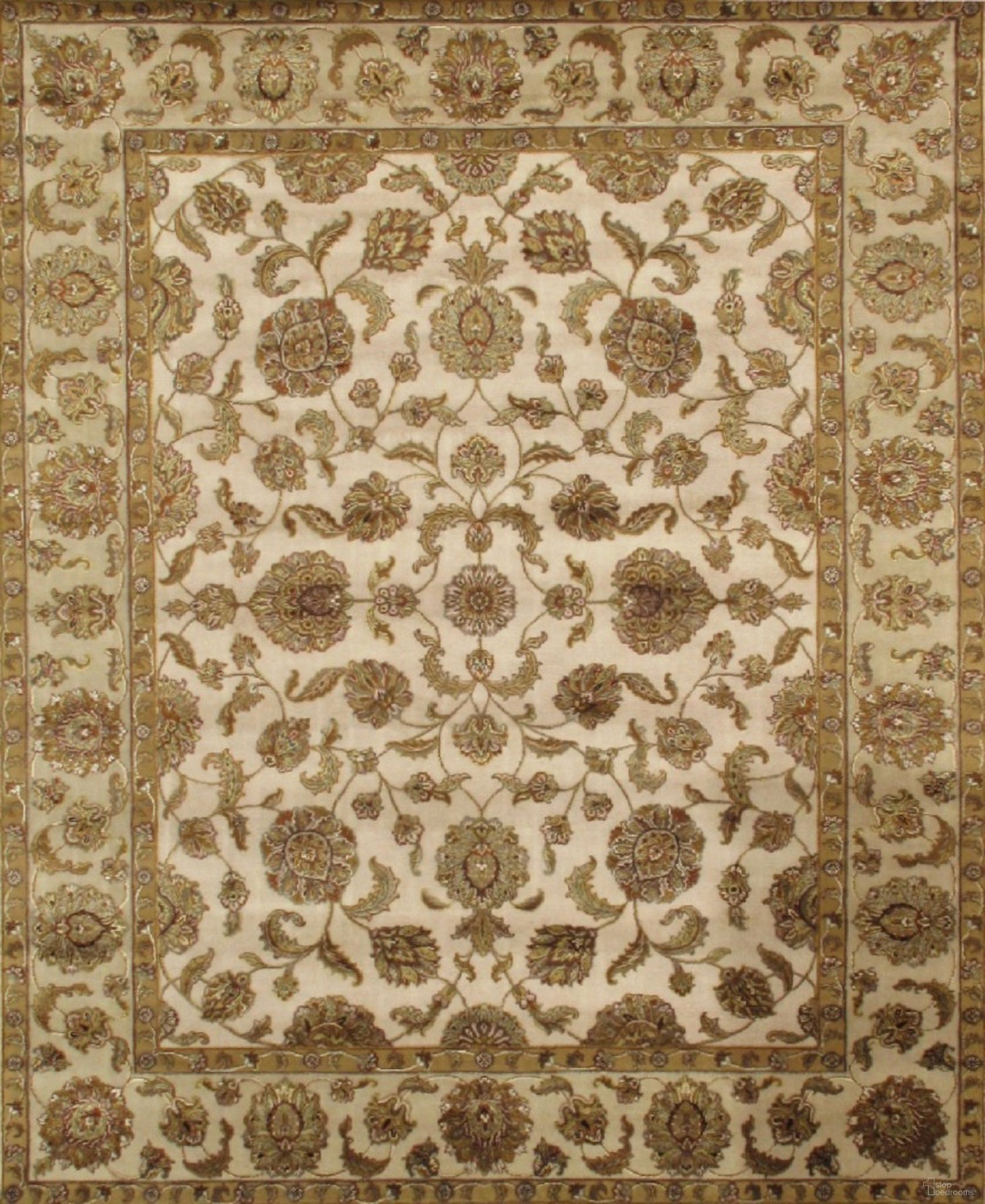 Agra Collection Hand-Knotted Silk and Wool Area Rug- 8' 1" x 10' 1" In Ivory and Camel