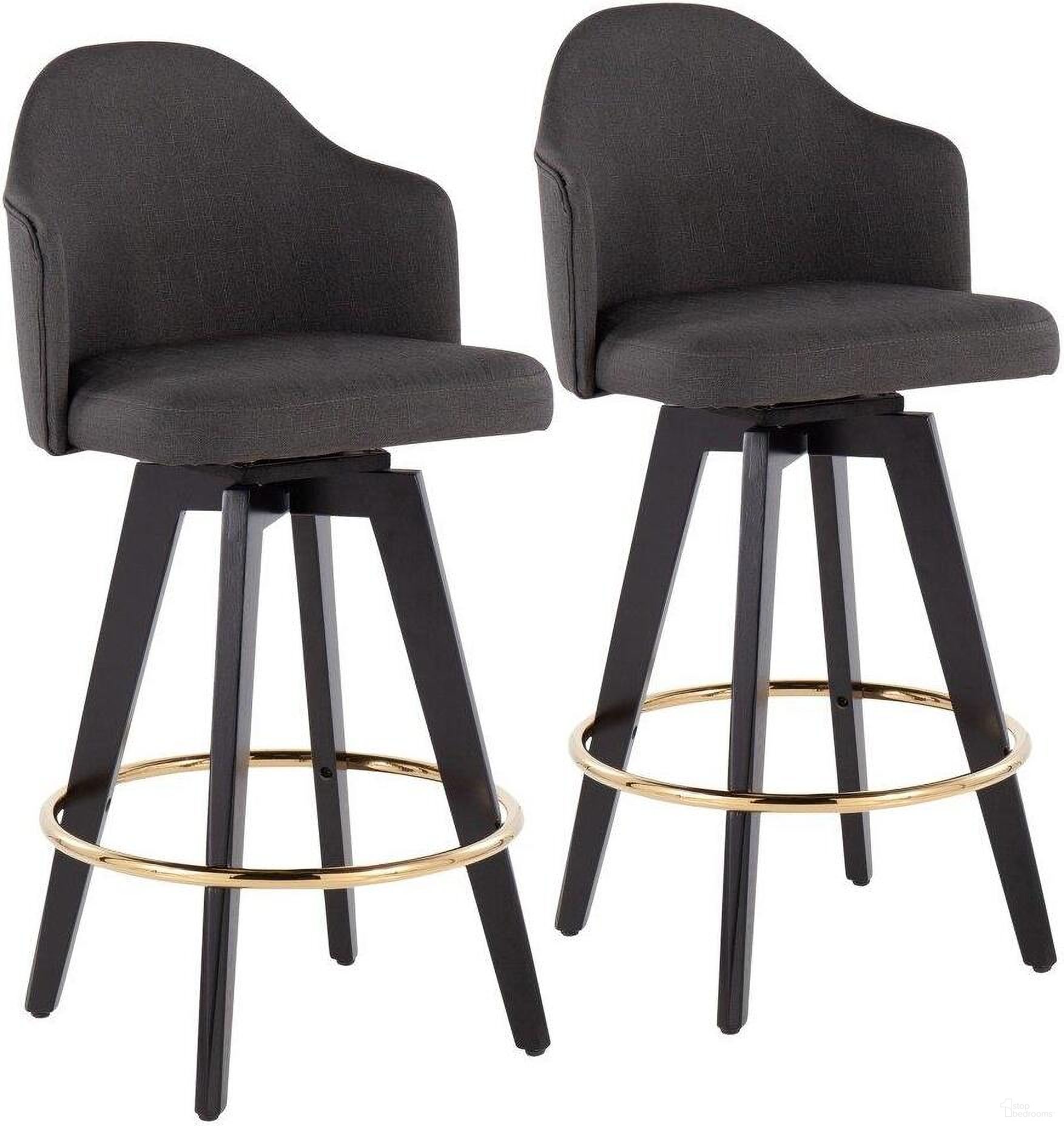 Ahoy 26 Inch Fixed-Height Counter Stool Set of 2 with Black Wood Legs and Round Chrome Metal Footrest with Charcoal Fabric Seat