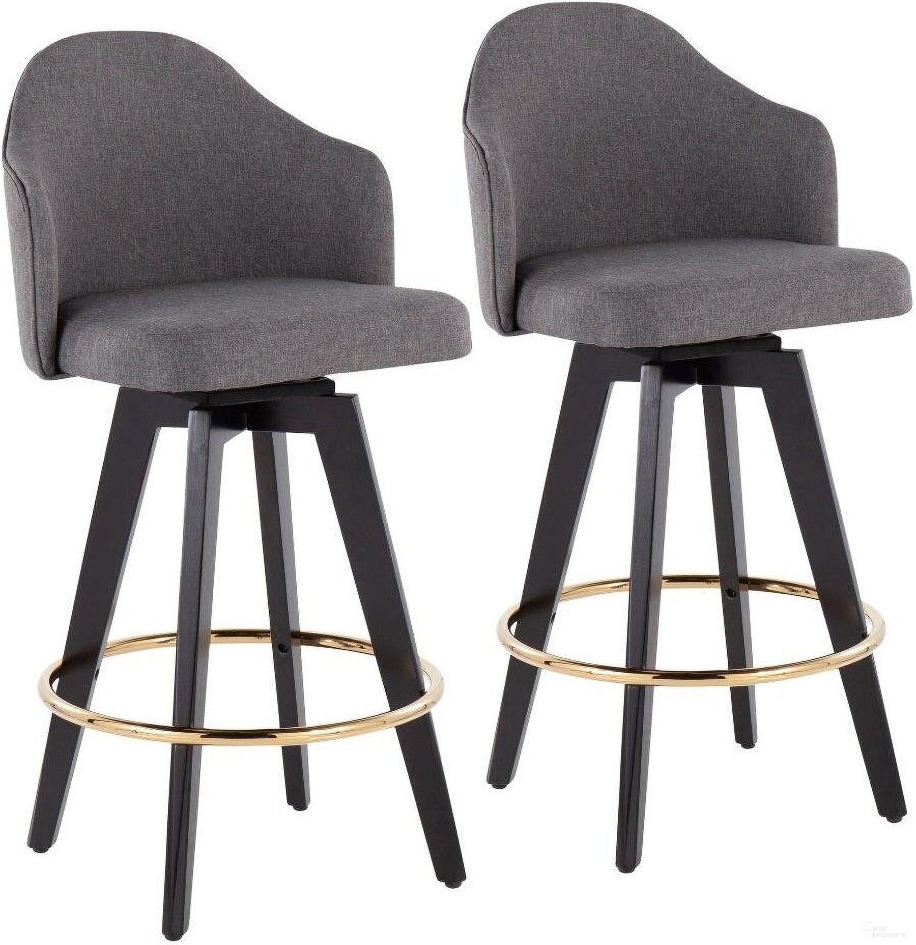 Ahoy 26 Inch Fixed-Height Counter Stool Set of 2 with Black Wood Legs and Round Chrome Metal Footrest with Grey Fabric Seat
