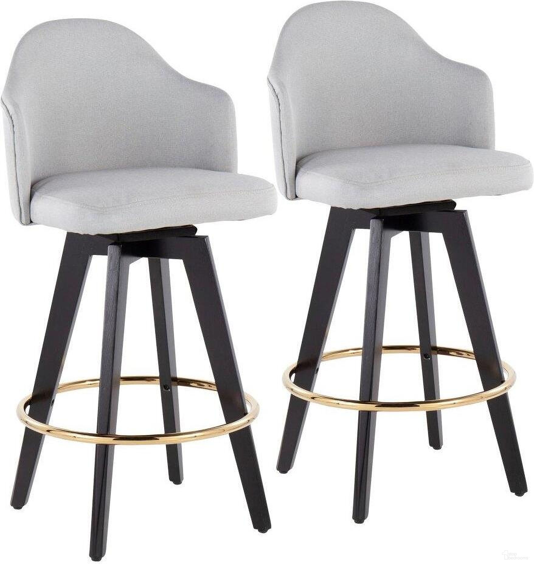 Ahoy 26 Inch Fixed-Height Counter Stool Set of 2 with Black Wood Legs and Round Chrome Metal Footrest with Light Grey Fabric Seat