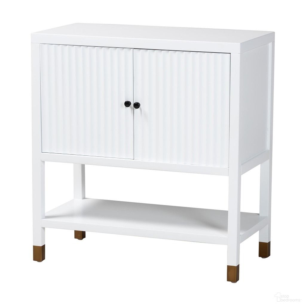 Aiden Fluted 2-Door Storage Cabinet In White and Brass