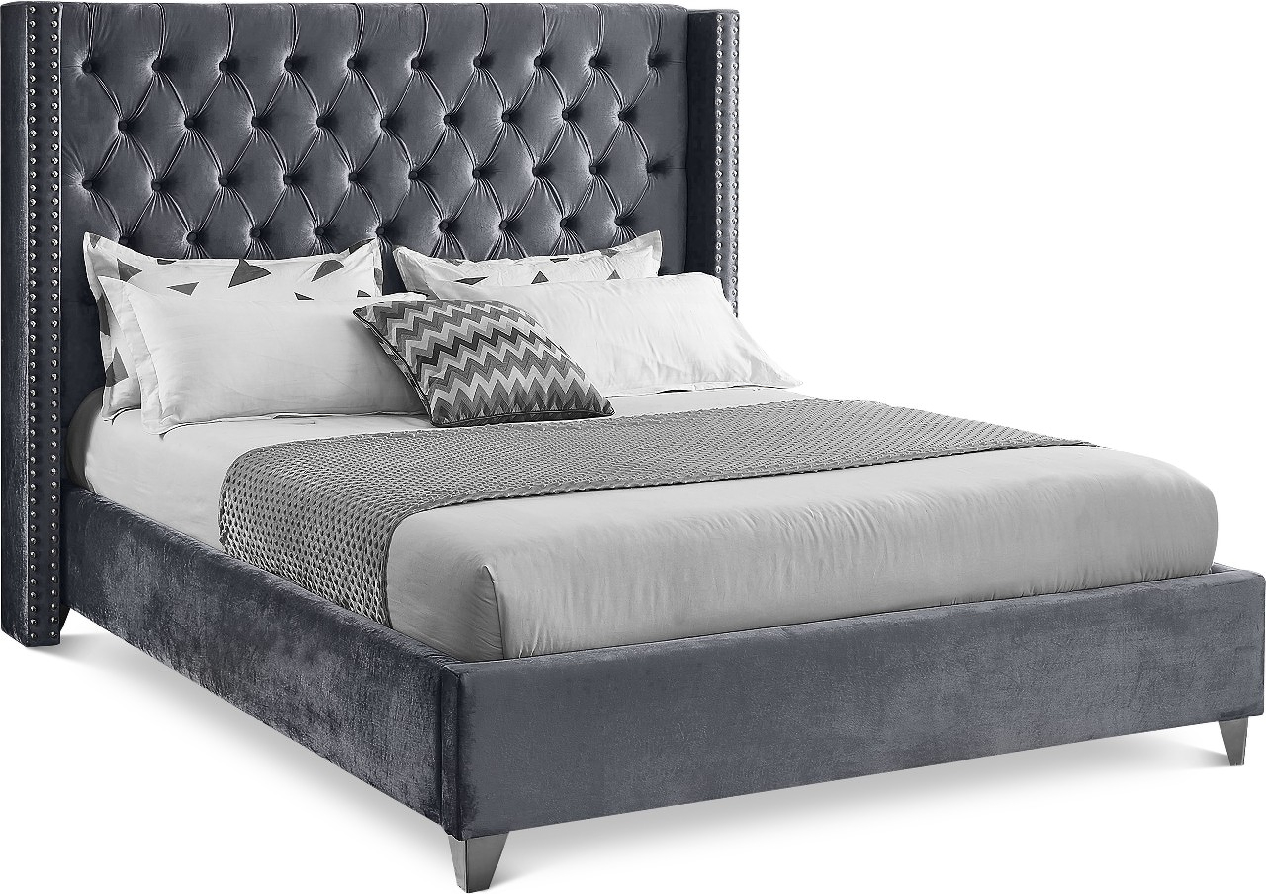 Aiden Velvet King Bed In Grey by Meridian 1StopBedrooms