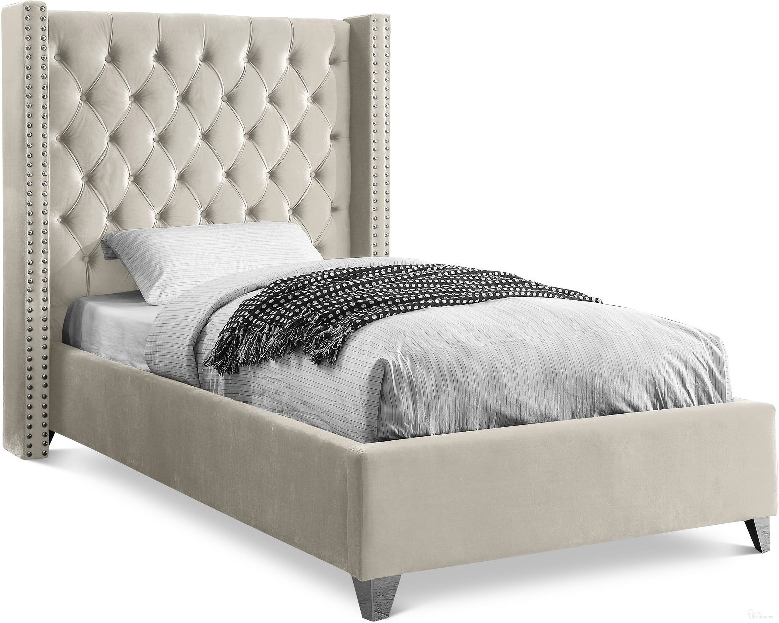 The appearance of Aiden Velvet Twin Bed In Cream designed by Meridian in the modern / contemporary interior design. This cream velvet piece of furniture  was selected by 1StopBedrooms from Aiden Collection to add a touch of cosiness and style into your home. Sku: AidenCream-T Box 1/2 (HB/Slats);AidenCream-T Box 2/2 (FB/Rails/Legs/CrossBars/Wings). Bed Size: Twin. Material: Velvet. Bed Type: Upholstered Bed.
