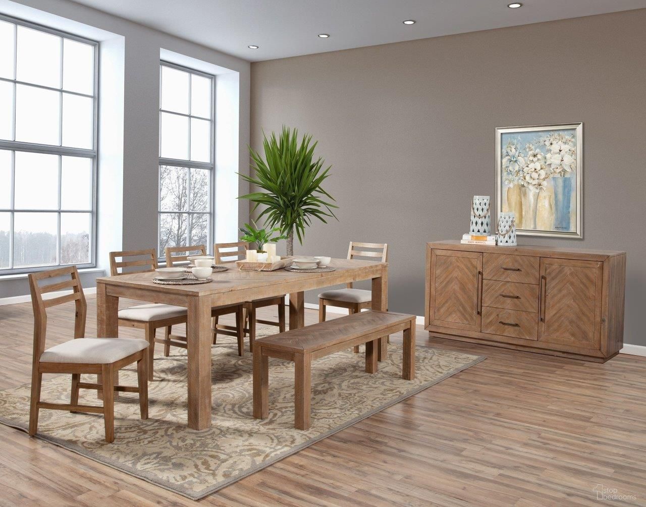The appearance of Aiden Weathered Natural Dining Room Set designed by Alpine in the transitional interior design. This beige piece of furniture was selected by 1StopBedrooms from Aiden Collection to add a touch of cosiness and style into your home. Sku: 3348-01;3348-02. Table Base Style: Legs. Table Top Shape: Rectangular. Material: Pine.