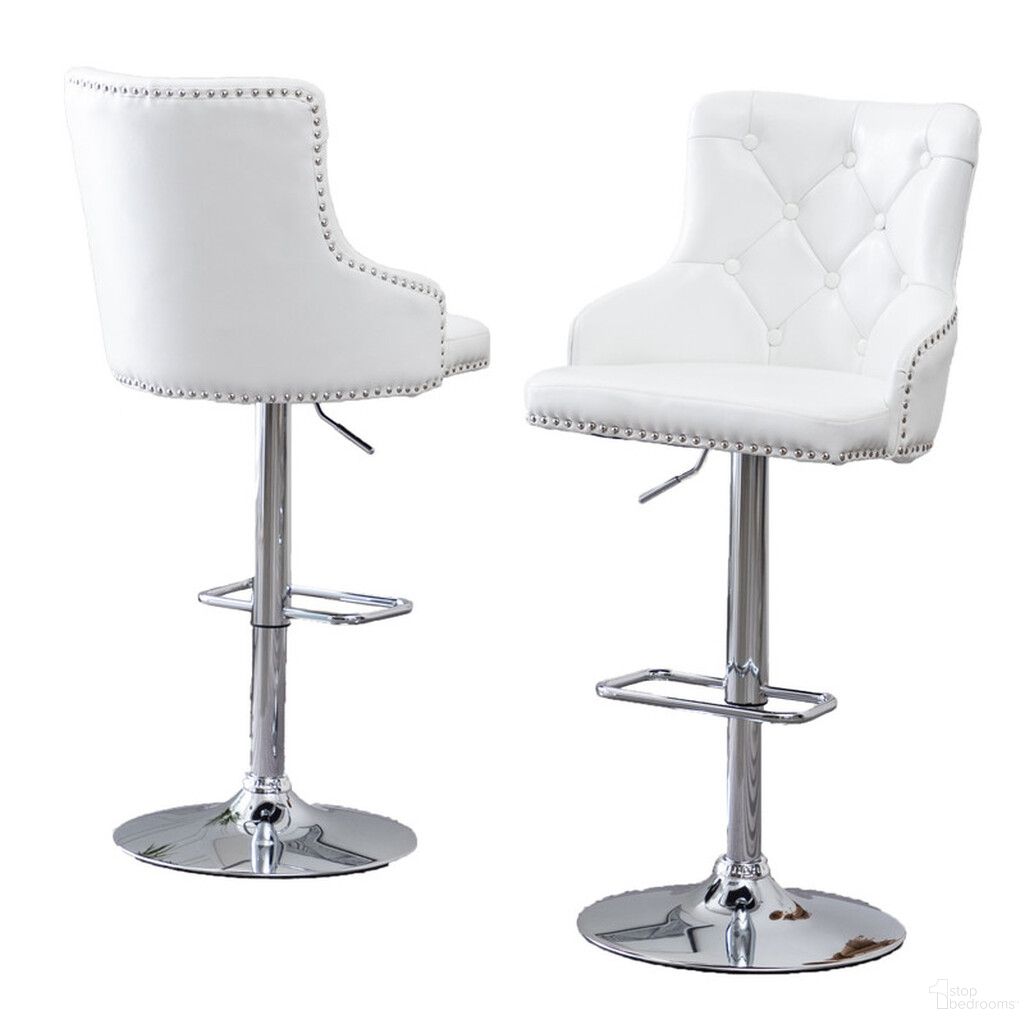 The appearance of Ailbe Adjustable Bar Stools Set of 2 with Tufted Seats In White Faux Leather and Silver designed by Best Quality Furniture in the transitional interior design. This white and silver piece of furniture was selected by 1StopBedrooms from Ailbe Collection to add a touch of cosiness and style into your home. Sku: BS59. Material: Faux Leather.