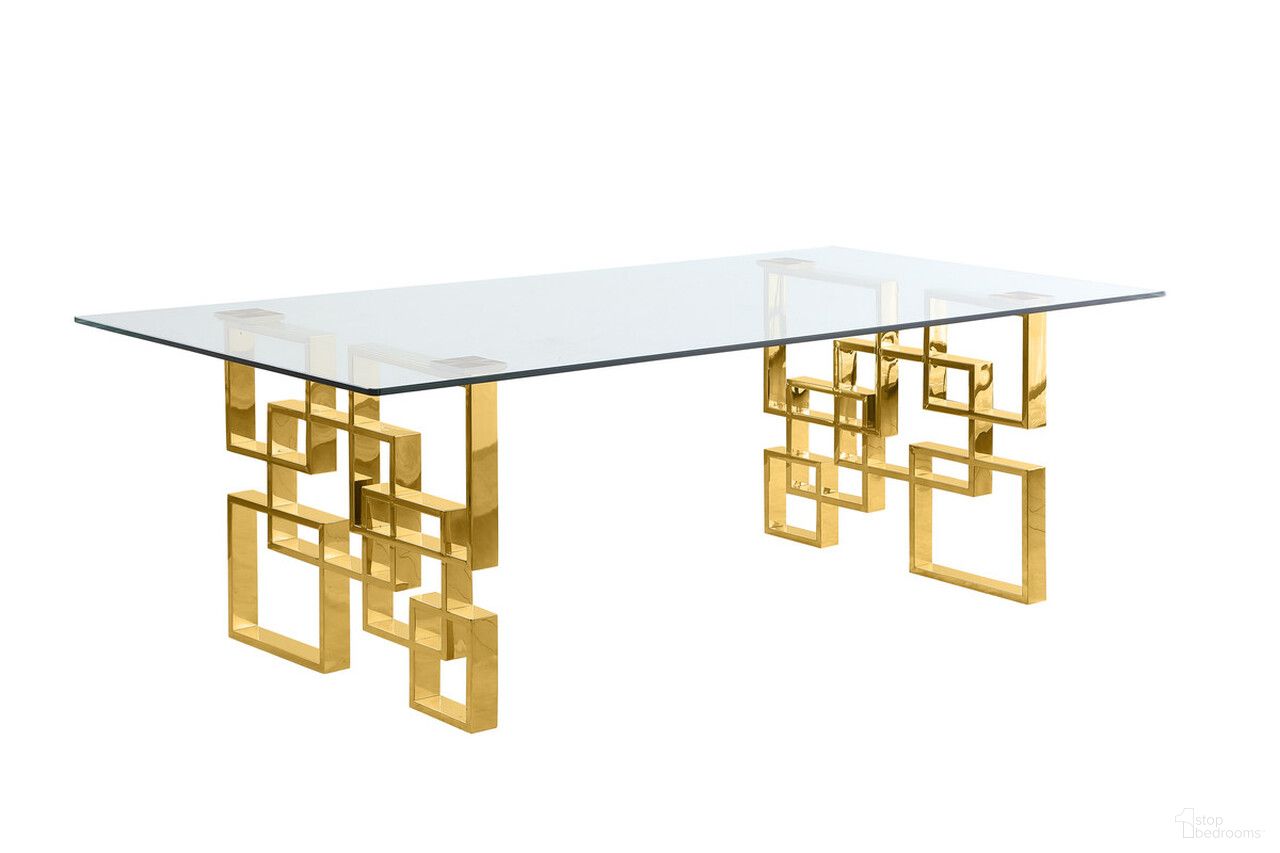 The appearance of Ailbe Big Glass Dining Table In Clear Tempered Glass Top and Gold Stainless Steel designed by Best Quality Furniture in the modern / contemporary interior design. This clear/gold piece of furniture was selected by 1StopBedrooms from Ailbe Collection to add a touch of cosiness and style into your home. Sku: D224-DTT;D224-DTB. Table Base Style: Double Pedestal. Table Top Shape: Rectangular. Material: Stainless Steel. Size: 46" x 95".