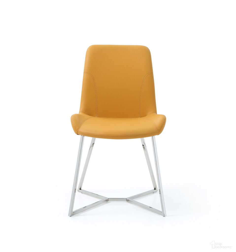 The appearance of Aileen Faux Leather Dining Chair with Polished Stainless Steel Base Set of 2 In Yellow designed by Whiteline Modern Living in the modern / contemporary interior design. This yellow piece of furniture  was selected by 1StopBedrooms from Aileen Collection to add a touch of cosiness and style into your home. Sku: DC1480-YLW. Material: Faux Leather. Chair Type: Side Chair.
