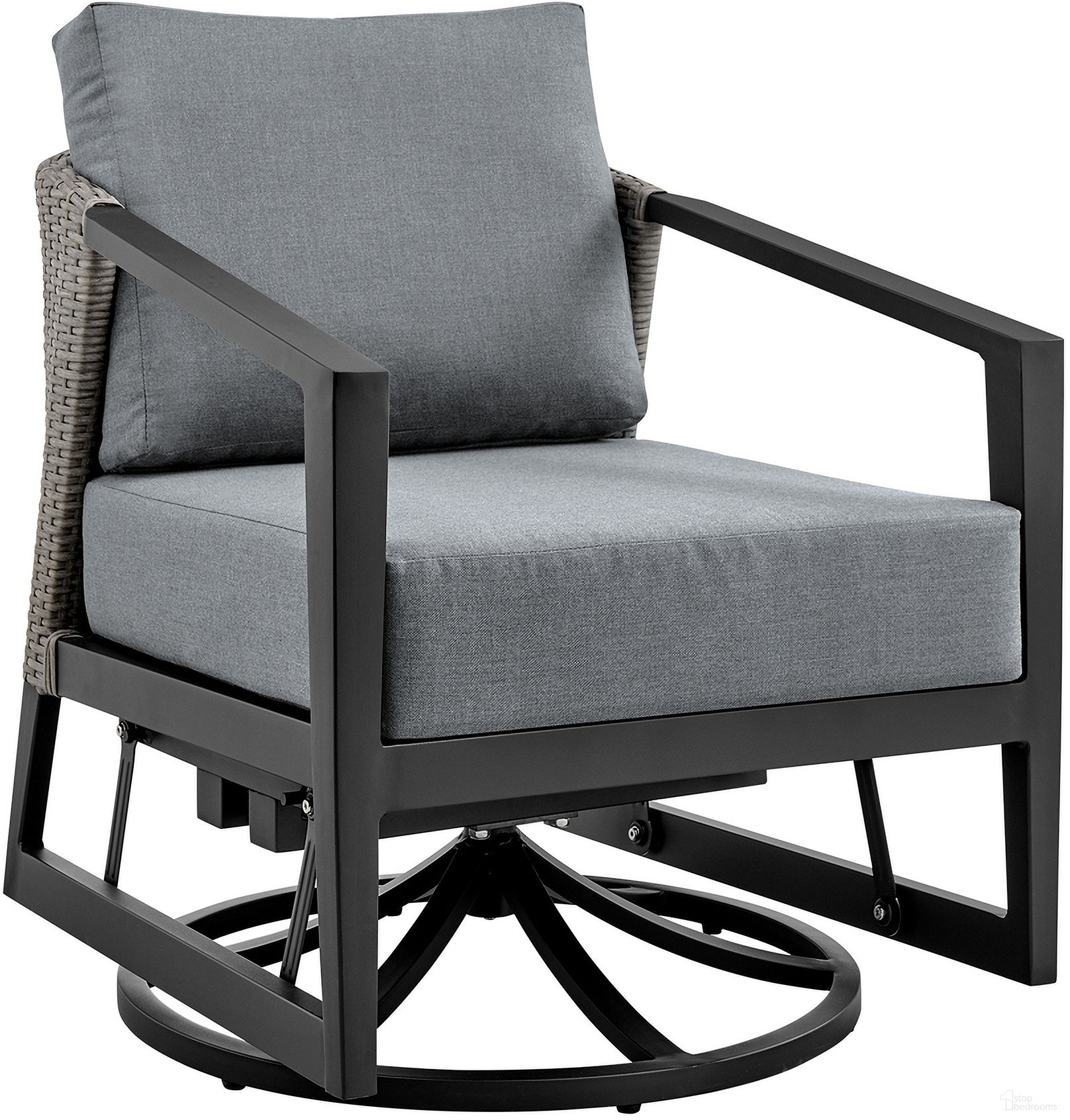 The appearance of Aileen Outdoor Patio Swivel Lounge Chair In Aluminum with Gray Cushions designed by Armen Living in the modern / contemporary interior design. This dark gray piece of furniture  was selected by 1StopBedrooms from Aileen Collection to add a touch of cosiness and style into your home. Sku: 840254333246. Material: Aluminum.