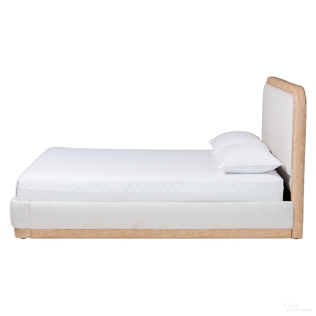 Aiman Upholstered Queen Platform Bed with Faux Leather Trim In Beige and Oak Brown