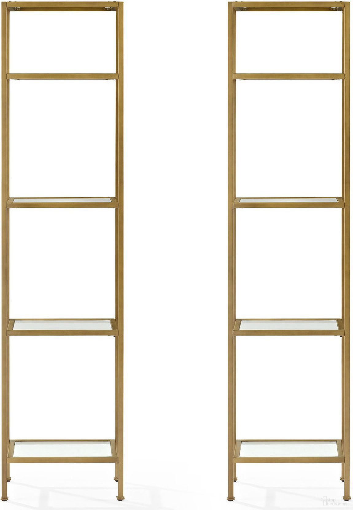 The appearance of Aimee 2-Piece Etagere Bookcase Set In Soft Gold designed by Crosley Brands in the modern / contemporary interior design. This soft gold piece of furniture  was selected by 1StopBedrooms from Aimee Collection to add a touch of cosiness and style into your home. Sku: CF6114-GL;CF6114-GL. Material: Steel.