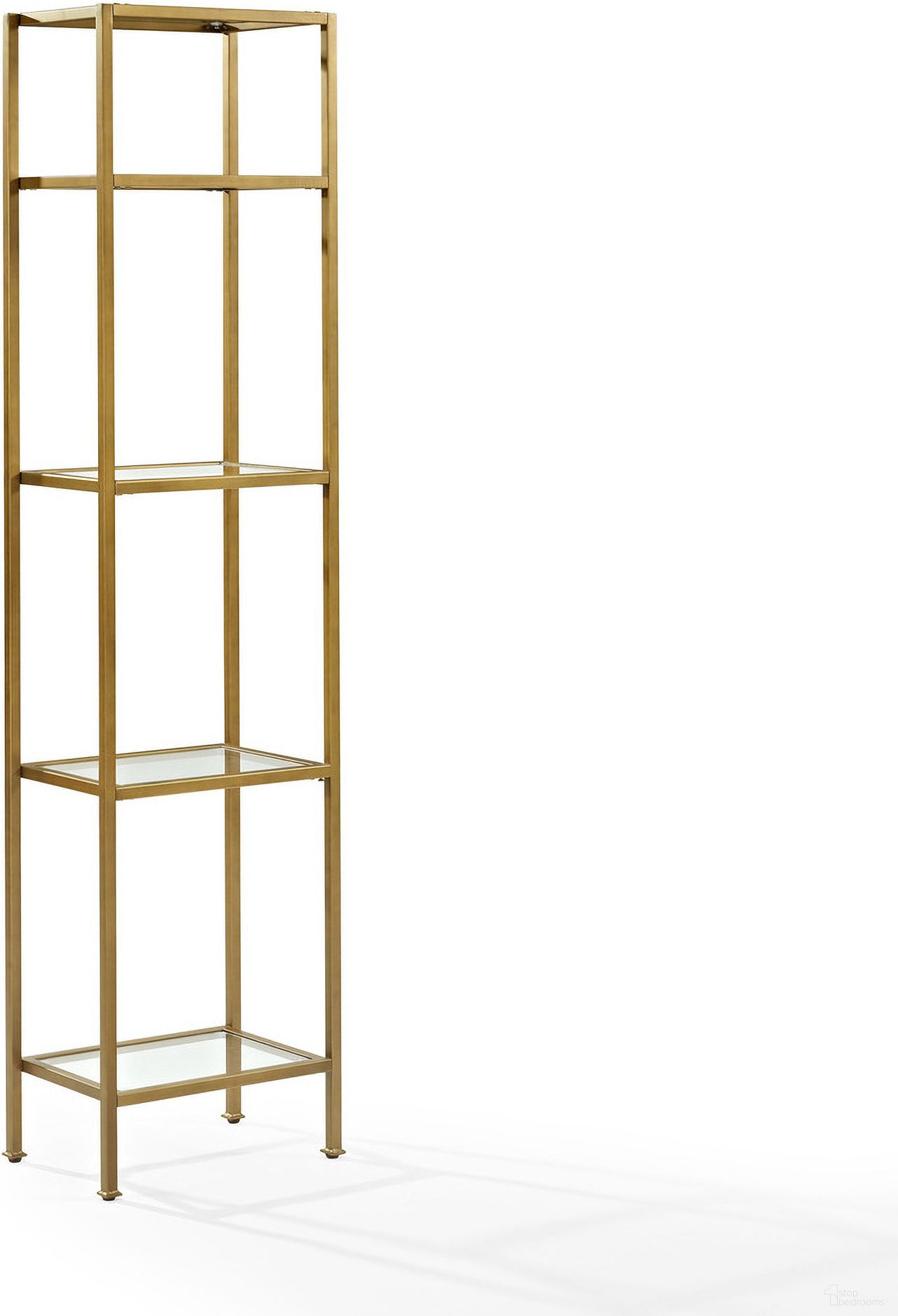 The appearance of Aimee Narrow Etagere Bookcase In Soft Gold designed by Crosley Brands in the modern / contemporary interior design. This soft gold piece of furniture  was selected by 1StopBedrooms from Aimee Collection to add a touch of cosiness and style into your home. Sku: CF6114-GL. Material: Steel.