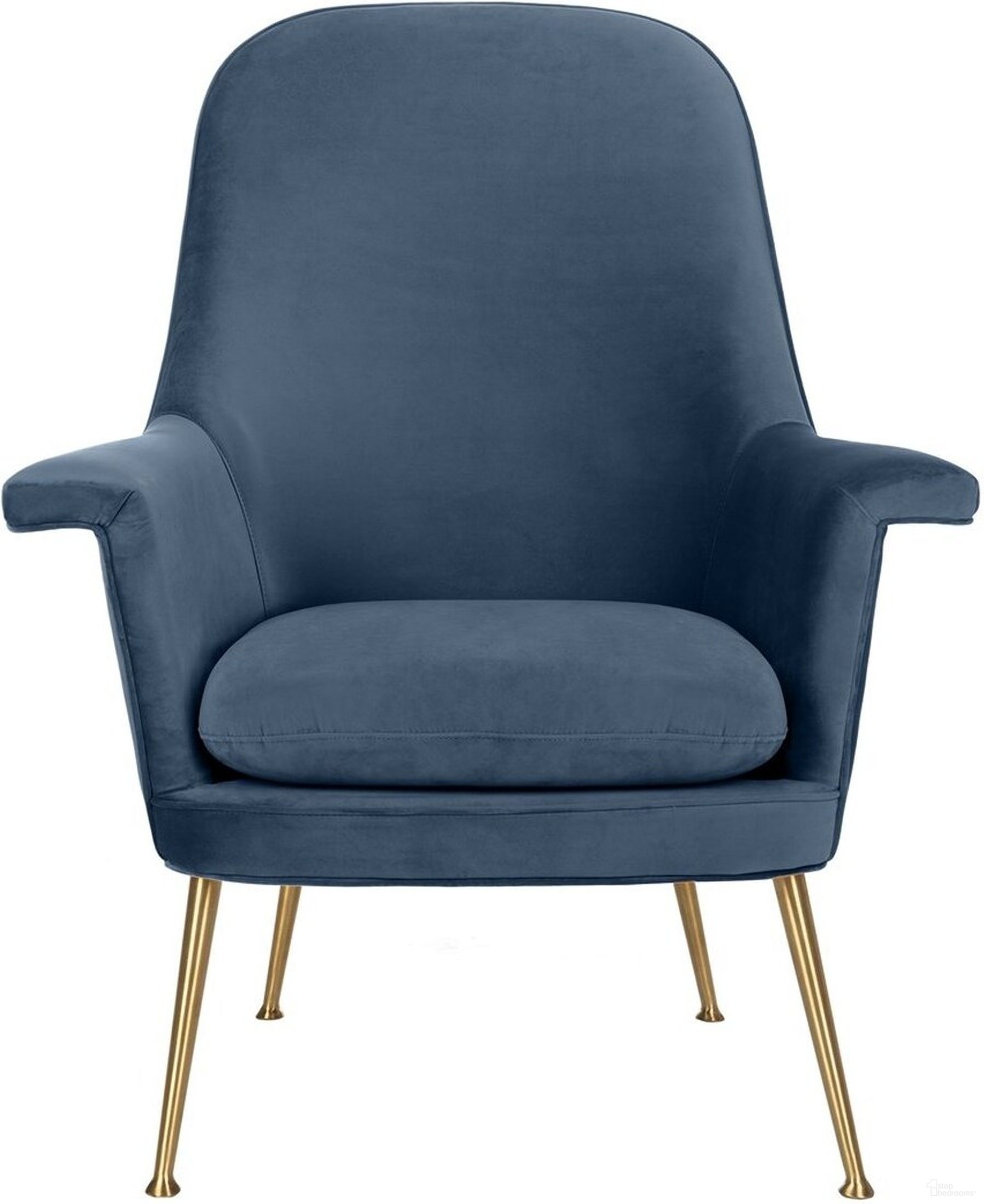 The appearance of Aimee Velvet Arm Chair In Navy And Gold designed by Safavieh Couture in the modern / contemporary interior design. This navy piece of furniture was selected by 1StopBedrooms from Aimee Collection to add a touch of cosiness and style into your home. Sku: SFV4701B. Material: Wood.