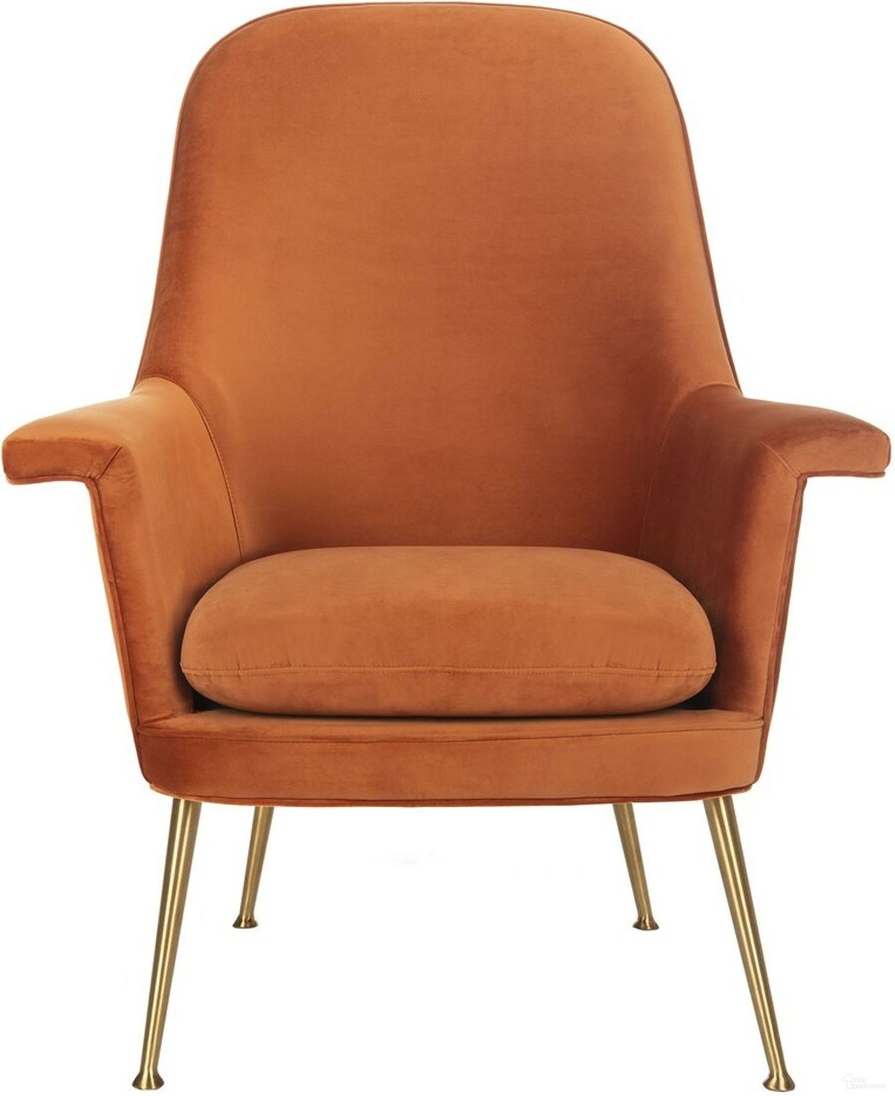 The appearance of Aimee Velvet Arm Chair In Sienna And Gold designed by Safavieh Couture in the modern / contemporary interior design. This sienna piece of furniture was selected by 1StopBedrooms from Aimee Collection to add a touch of cosiness and style into your home. Sku: SFV4701C. Material: Wood.
