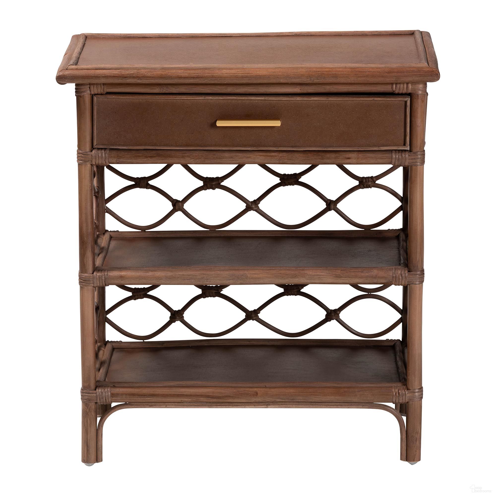 The appearance of Akane Natural Rattan Nightstand with Drawer and Open Shelves In Antique Brown designed by Baxton Studio in the coastal interior design. This antique brown piece of furniture was selected by 1StopBedrooms from Akane Collection to add a touch of cosiness and style into your home. Sku: WS118A-Medium Knob-Antiqued Brown-Rattan-NS. Material: Natural Rattan.