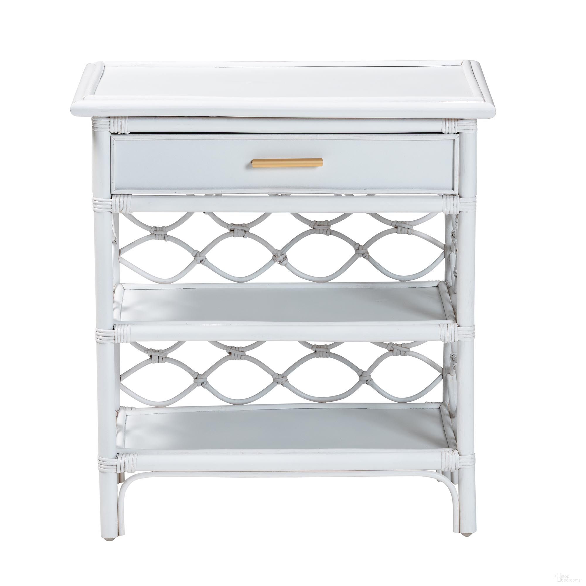 Akane Natural Rattan Nightstand with Drawer and Open Shelves In White