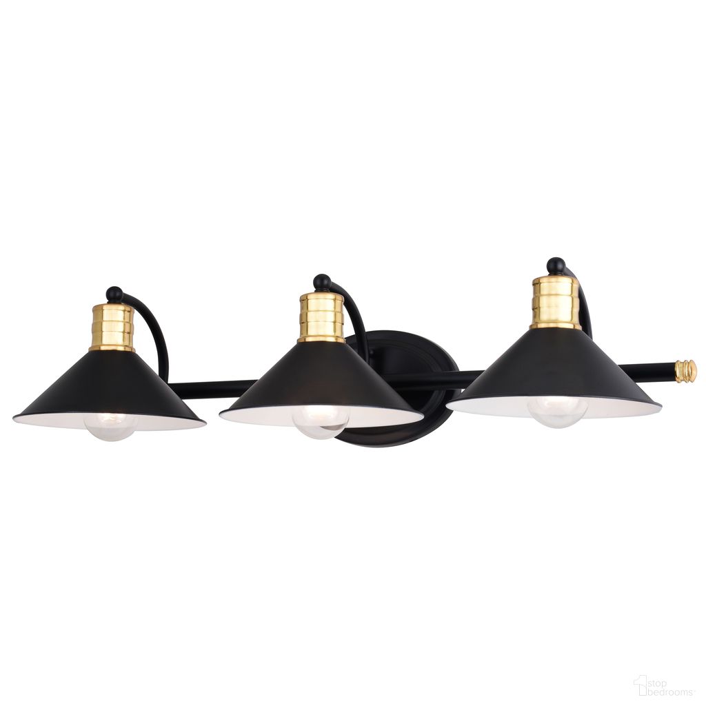 The appearance of Akron 3 Light Vanity In Matte Black and Natural Brass designed by Vaxcel in the industrial interior design. This matte black/natural brass piece of furniture  was selected by 1StopBedrooms from Akron Collection to add a touch of cosiness and style into your home. Sku: W0436. Material: Steel.